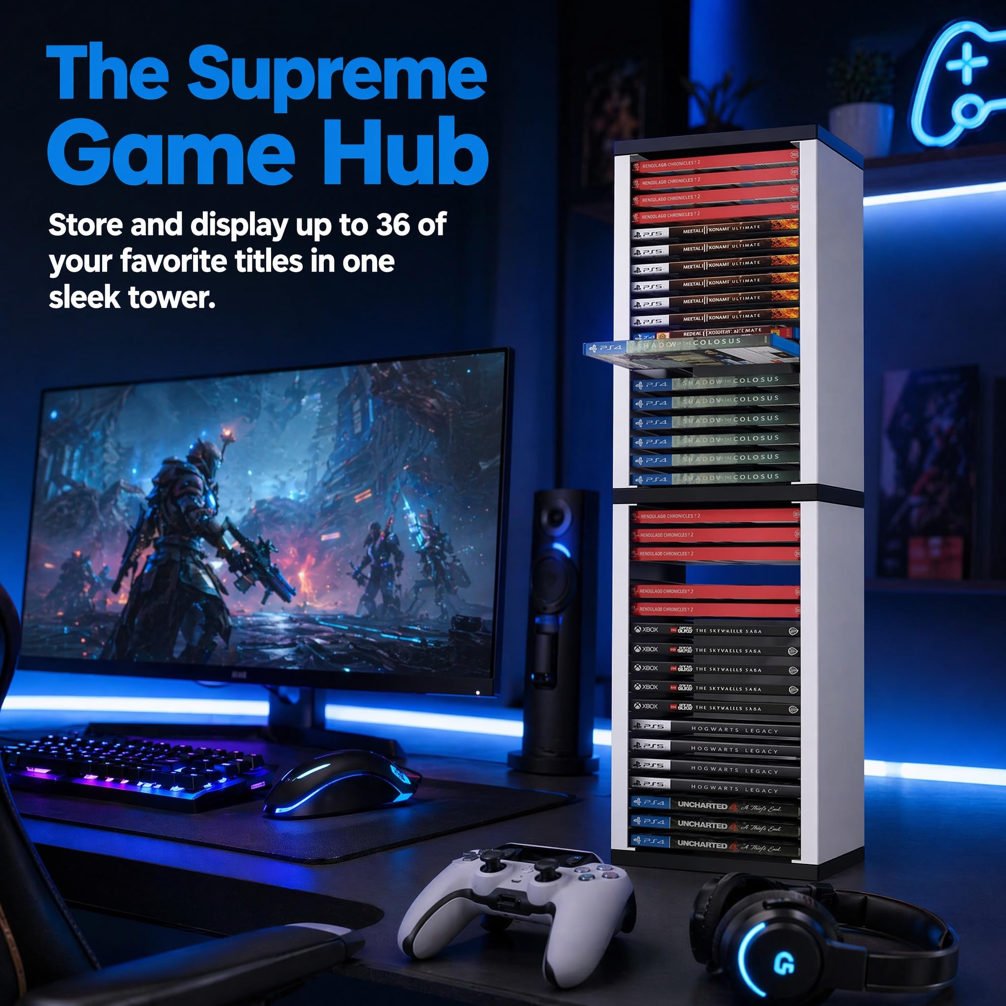 Game Disc Box Storage Rack, Universal Vertical Stand Blu-ray Media Storage Shelf Holder for PS5 Holds 36 Discs Space-Saving Design for Living Room Bedroom Office, White + Black