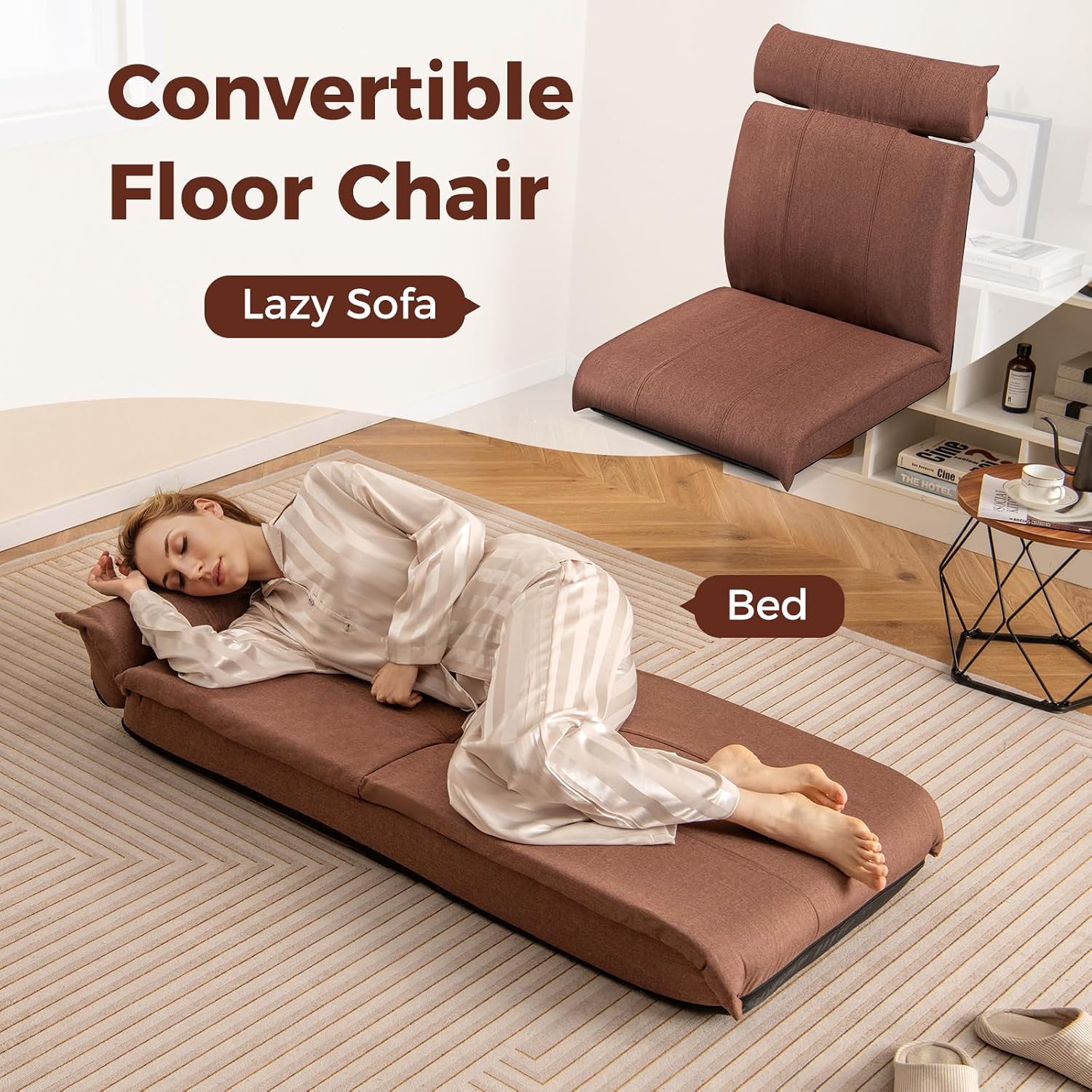 COSTWAY Folding Floor Chair, Convertible Lazy Sofa Chair with 14-Position Adjustable Reclining Backrest & 5-Position Headrest, Sleeper Sofa Bed, Floor Gaming Chair, Meditation, Reading & Napping