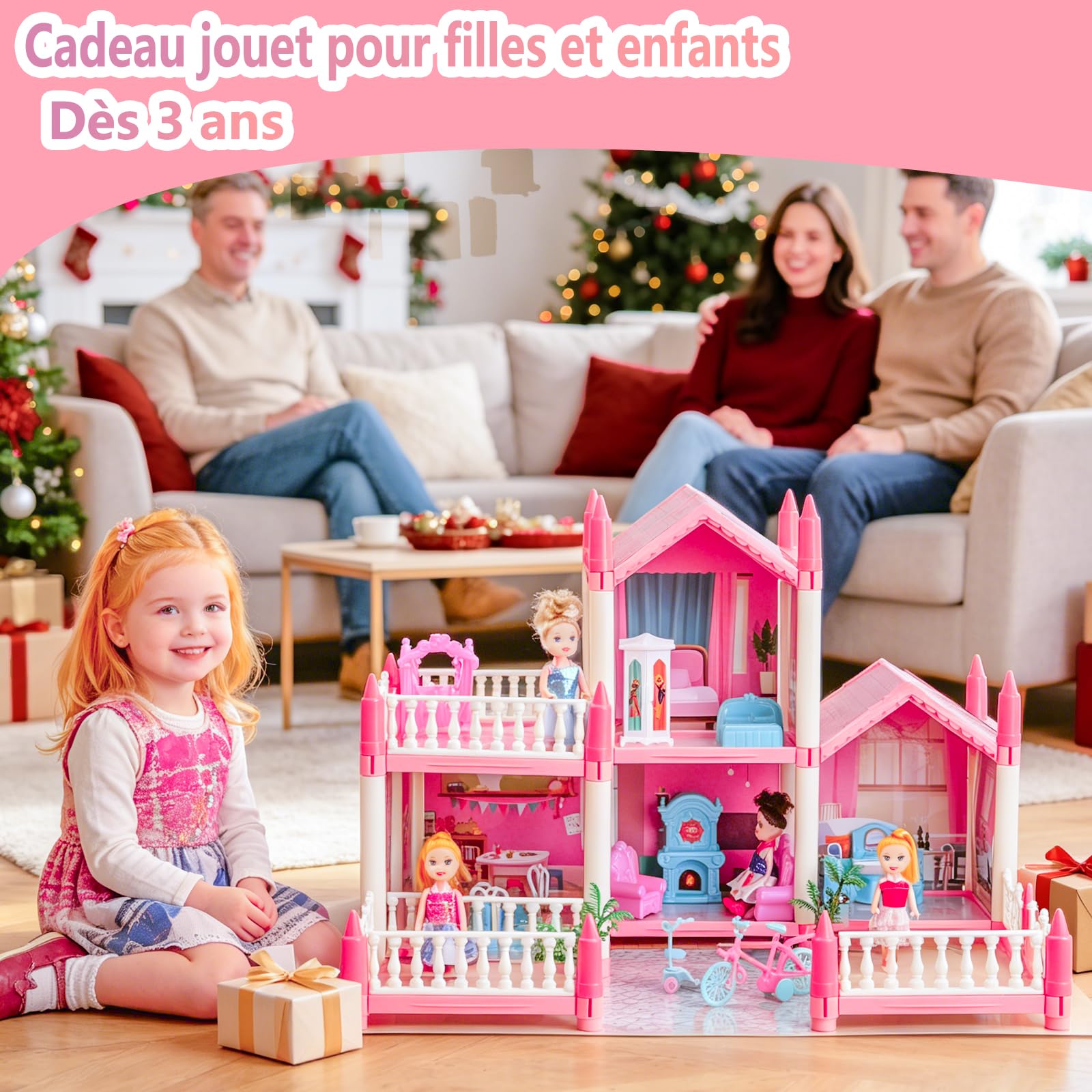 Maison de poupée pour filles avec lumière, tapis de jeu, poupées et meubles pour enfants de 3 à 8 ans
