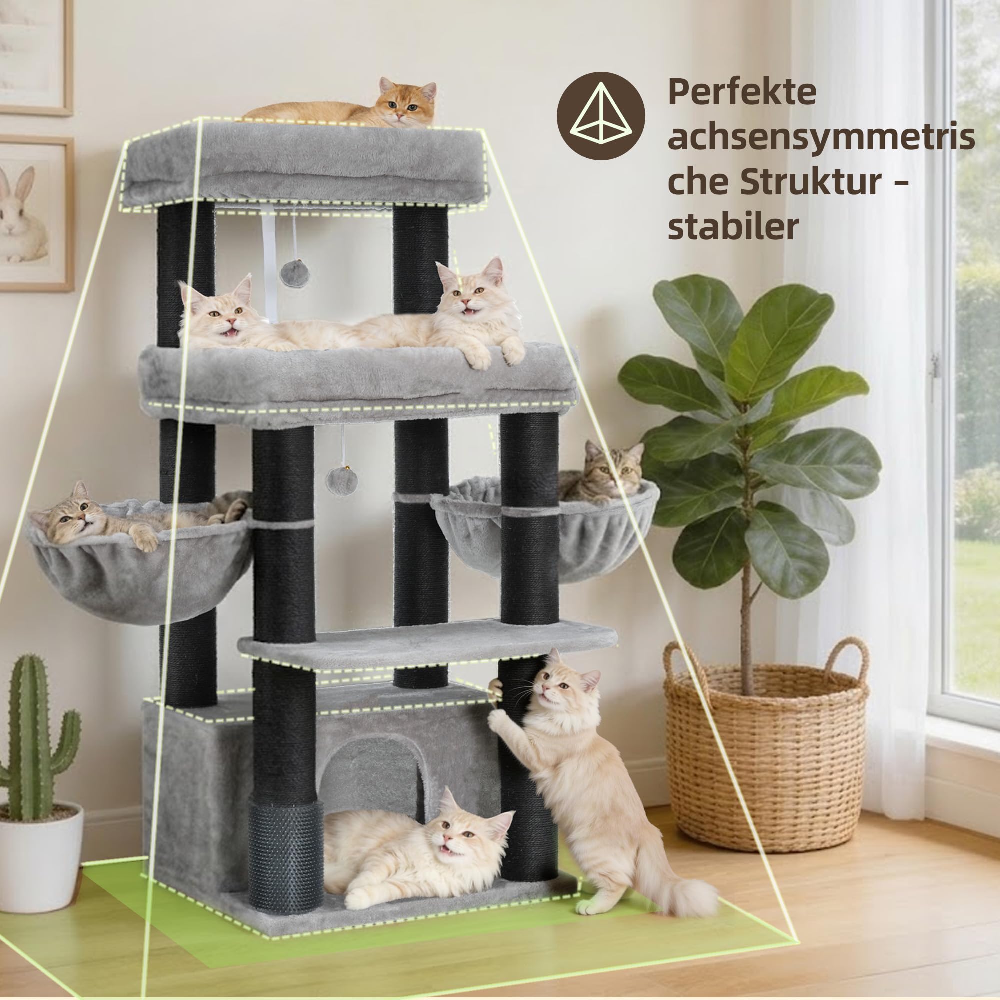 Hey-brother Kratzbaum, Stabil Katzenbaum für große Katzen und Maine Coons, mit 8 cm dicken Sisal-Kratzpfosten, Zwei Plattformen, Zwei Körben, großer Höhle und Fellpflegegerät, Hellgrau EMPJ02W