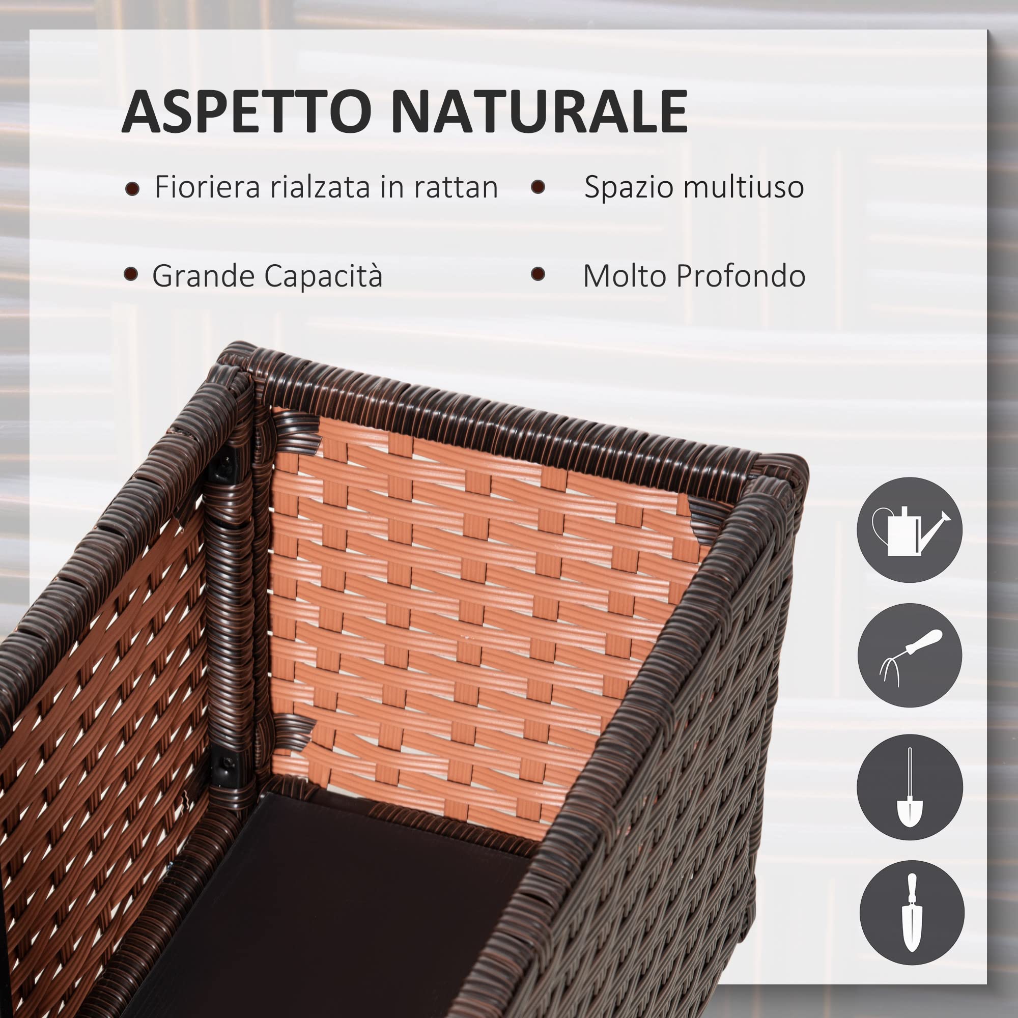 Outsunny Fioriera Rialzata, Letto per Orto in Rattan Sintetico con 4 Ruote Bloccabili, per Interni ed Esterni, 94.5x31x36cm Grigio talpa