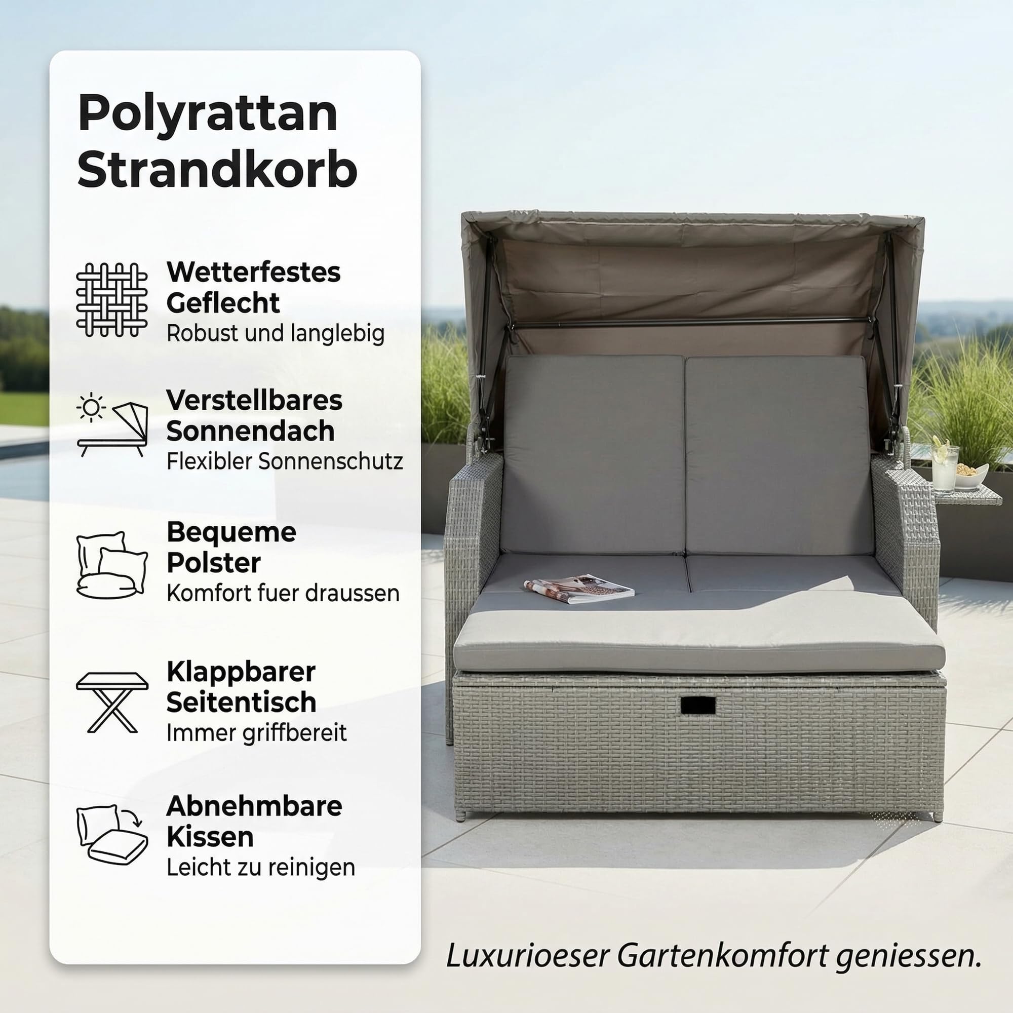 Mucola Strandkorb inkl. Sonnenschutz Polyrattan Sonnenbett inkl. verstellerbarer Rückenlehne und klappbaren Seitentischen Outdoor Lounge wetterfest