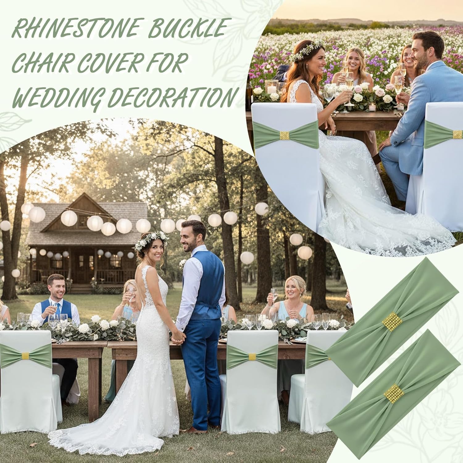 Hahafelt 100 Pcs Spandex Chair Sashes Bows with Rhinestone Ring Buckle Slider Elastic Universal Bowknot Chair Cover Bands Ties for Wedding Banquet Ceremony Event Party Decoration(Sage Green)