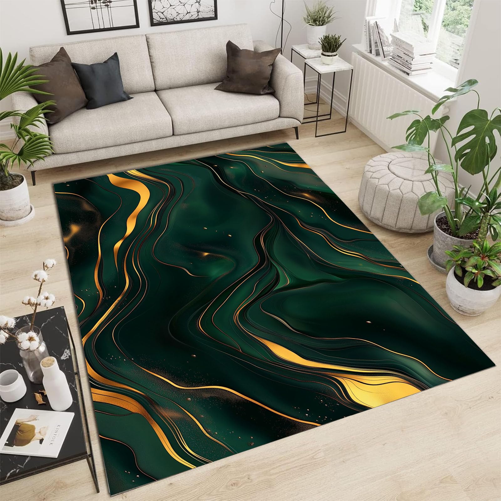 Tapis lavable salon marbre vert foncé 240x300 cm