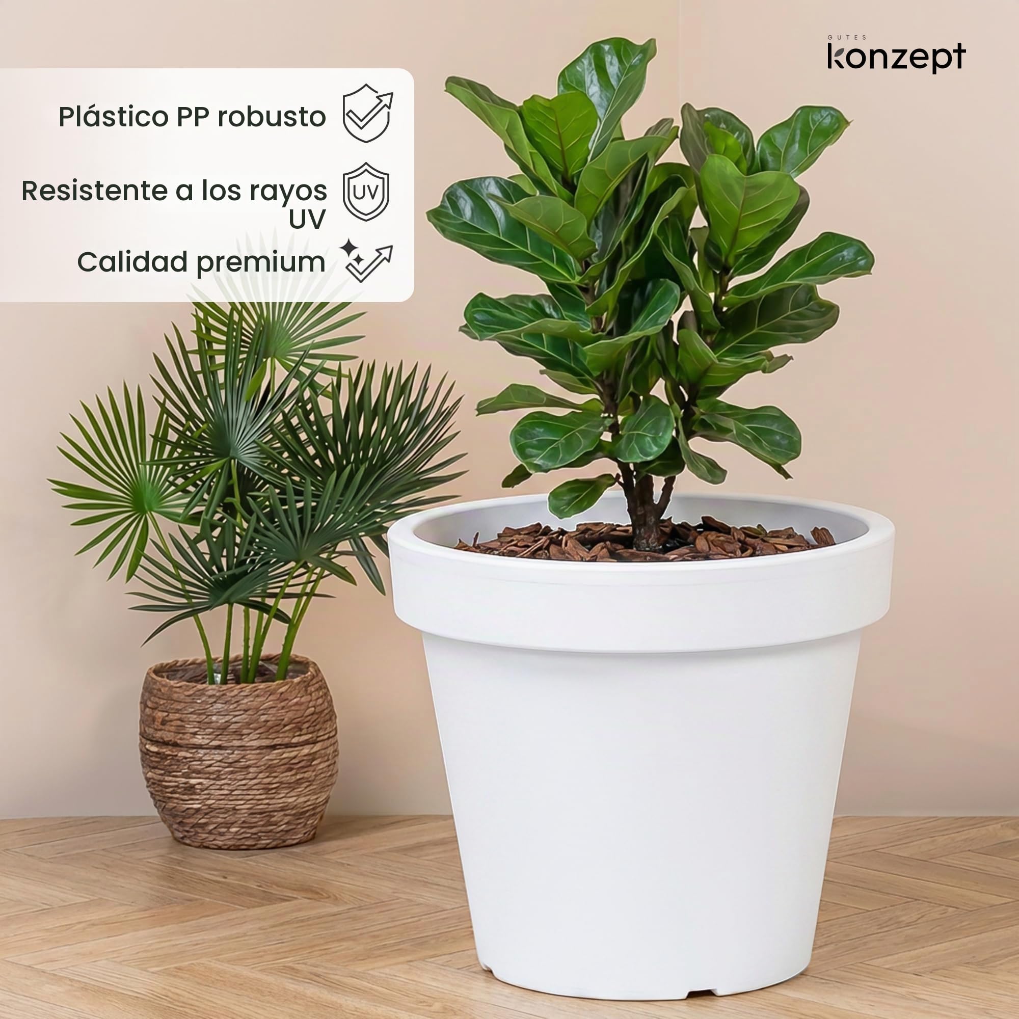 KONZEPT Macetero de 58 cm de diámetro, altura de 52 cm – Macetero grande exterior 87 L en forma cónica, macetero exterior robusto y estable de plástico, resistente a los rayos UV y a las heladas, para