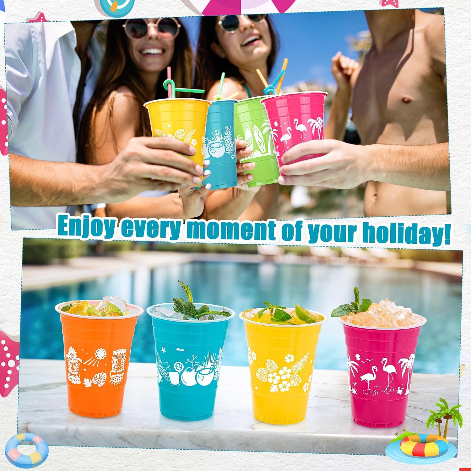 Kochorie 60 Pieces Hawaiian Luau Cups Tiki Party Decorations Cups 16 Oz Tiki Tropical Plastic Disposable Cup Coconut Beach Decoration for Tropical Moana Birthday Supplies