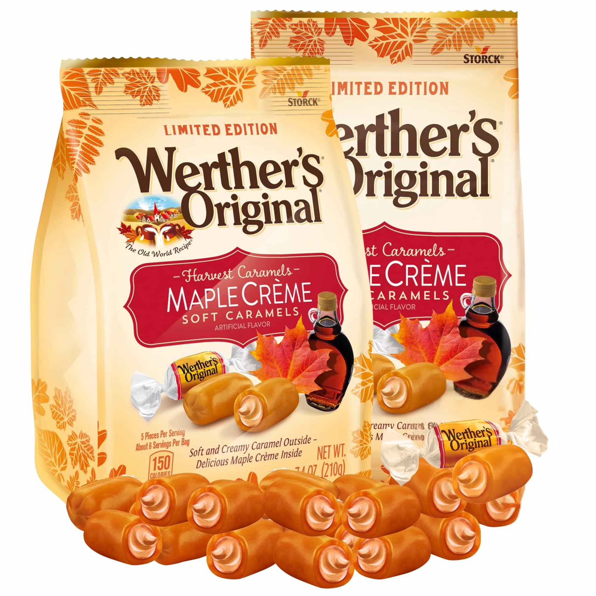 Needzo Werther's Original Limited Edition Harvest Soft Caramel Candies, Maple Crème Filled Chewy Candy, Sharable Size Bags, Pack of 2, 7.4 Ounces Each