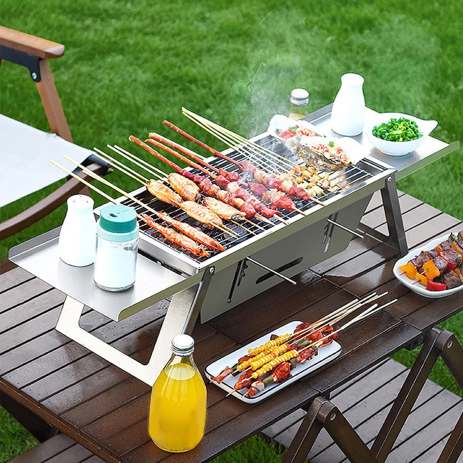 Przenośny grill na węgiel drzewny | stal nierdzewna kempingowy grill na świeżym powietrzu | idealny do ogrodu, na plażę, piknik i gotowanie na balkonie