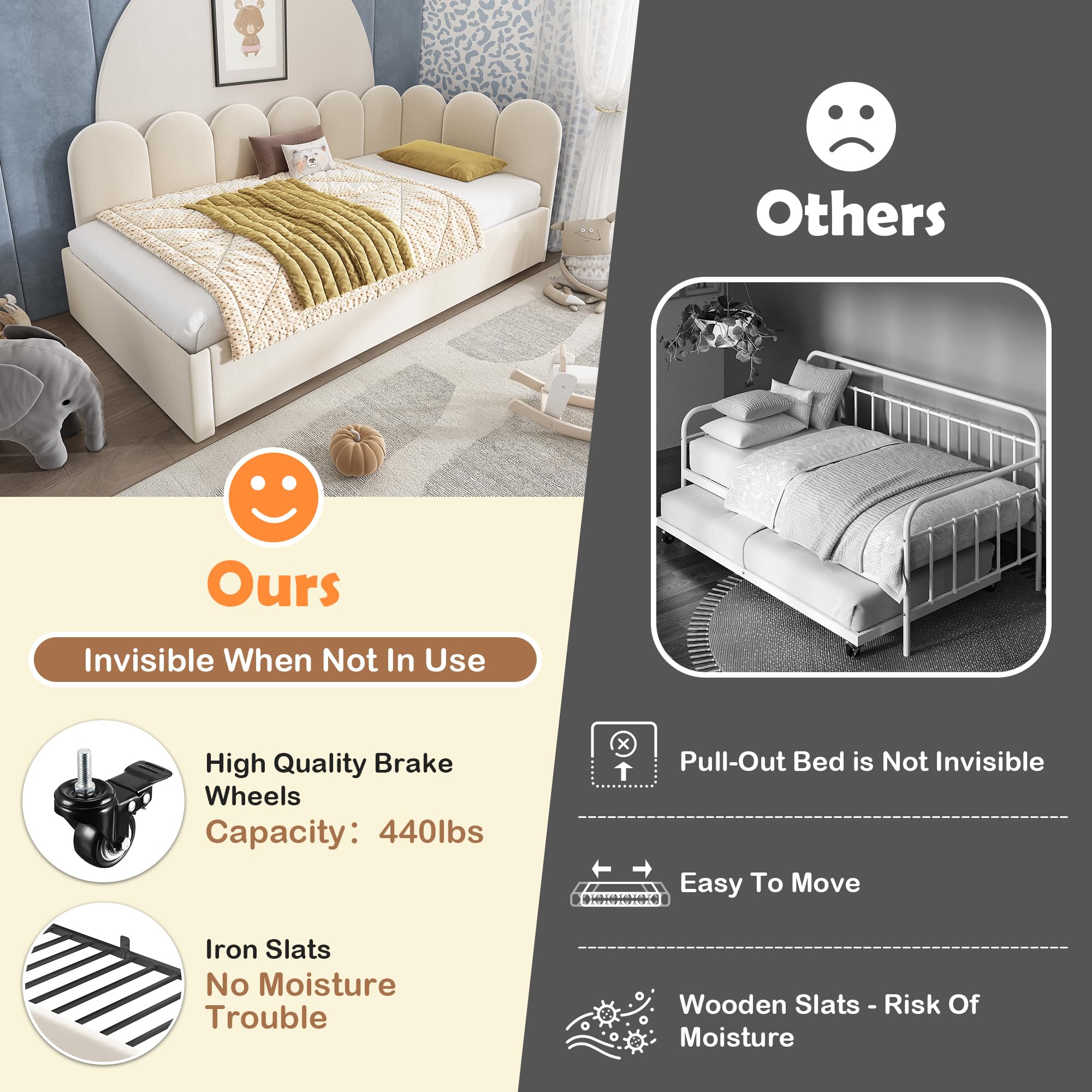 Zepneiy Letto 90 x 200 cm con letto estraibile da 90 x 190 cm, divano letto con lati intercambiabili, letto imbottito con doghe, culla da 90 x 200 cm, in velluto beige (senza materasso)