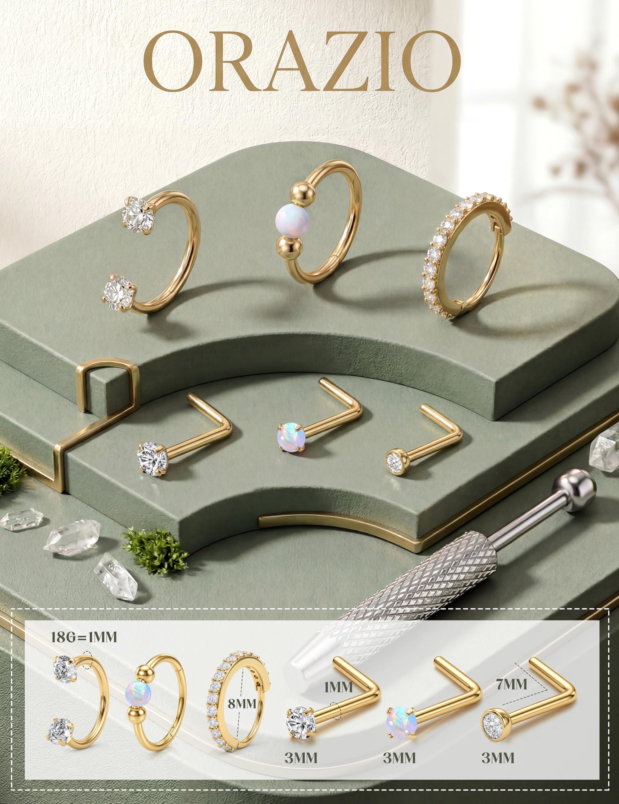 ORAZIO 6 Stück Nasenpiercing Chirurgenstahl Damen Septum Hufeisen Piercing Nasenpiercing Gold/Silber Stecker Septum Ringe Nose Nostril Piercing Nasenstecker L/S Nasenring Piercing - 2