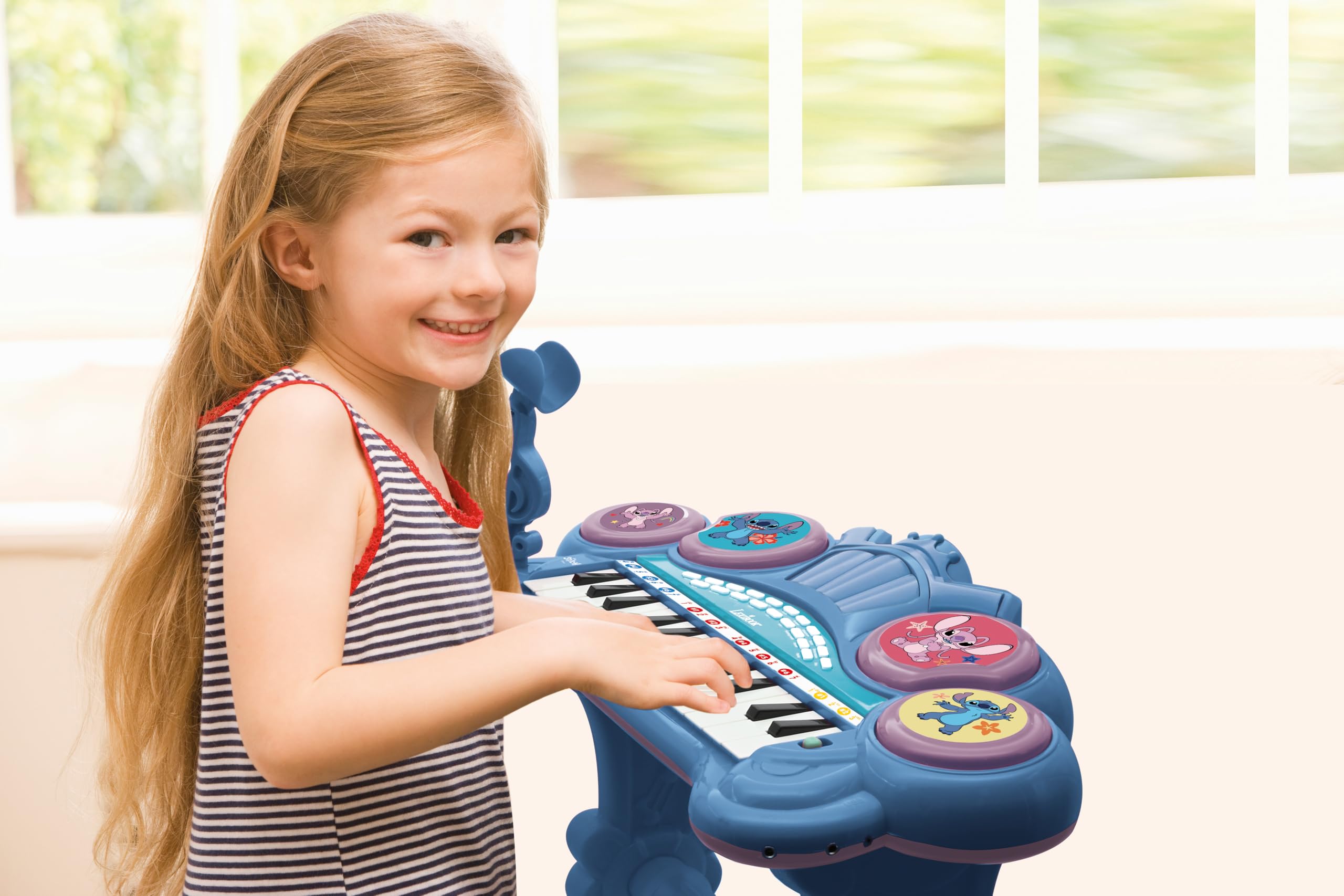 Lexibook, Tastiera pianoforte elettronica Disney Stitch, 8 tonalità, 4 ritmi, modalità di apprendimento luminosa, microfono e sgabello inclusi, K707D