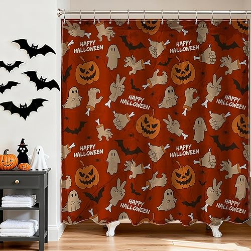 Miniatura 5 de Mocsicka Cortina de ducha de Halloween para baño, divertida cortina de ducha espeluznante con 12 ganchos, araña de murciélago de mano rota para