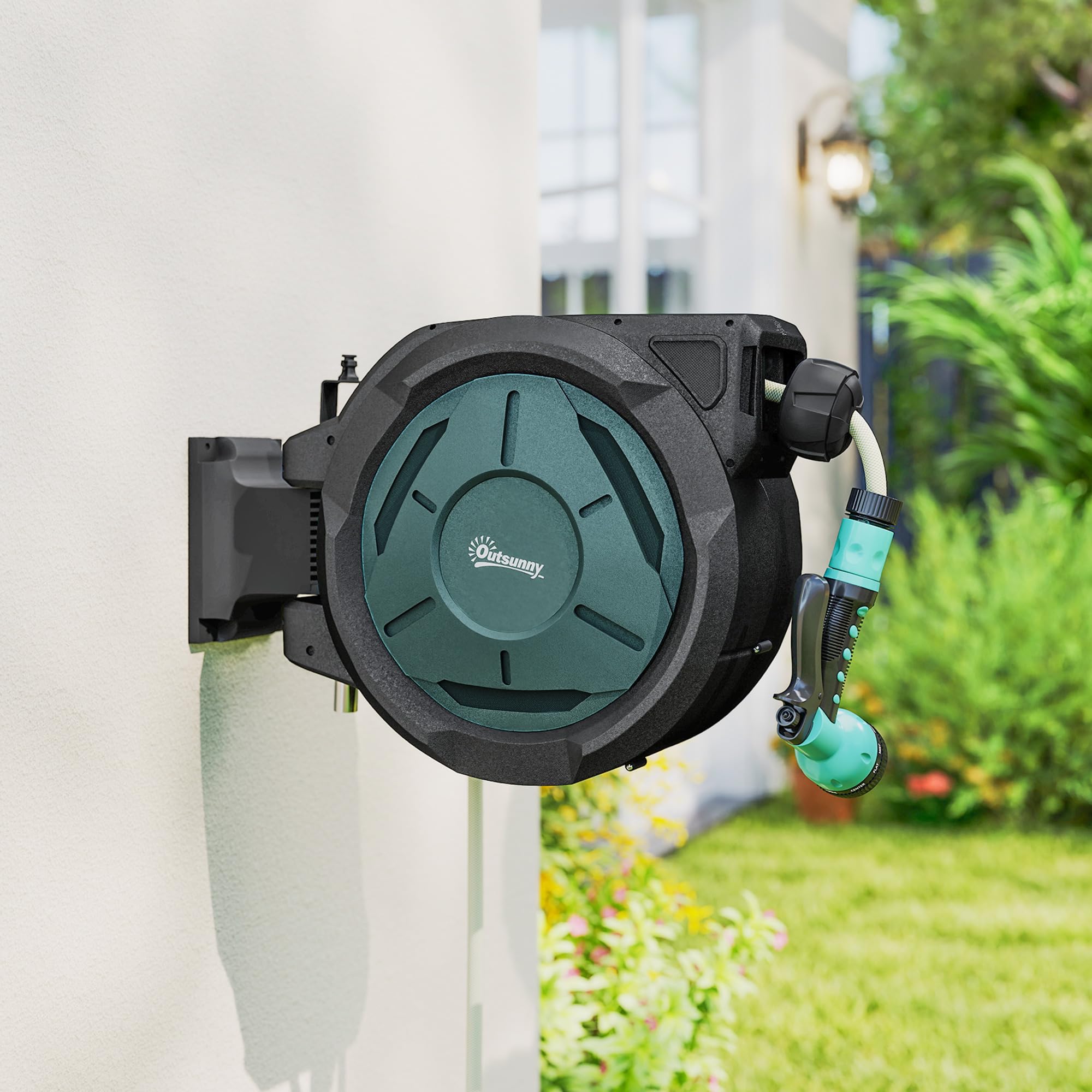 Outsunny Enrouleur Tuyau Arrosage Mural 25 m x Ø 15 mm Automatique Noir | Dévidoir Automatique de Tuyaux d'Eau, Pivotant à 180°, Buse à 7 Modes, pour Jardin et Lavage de Voiture