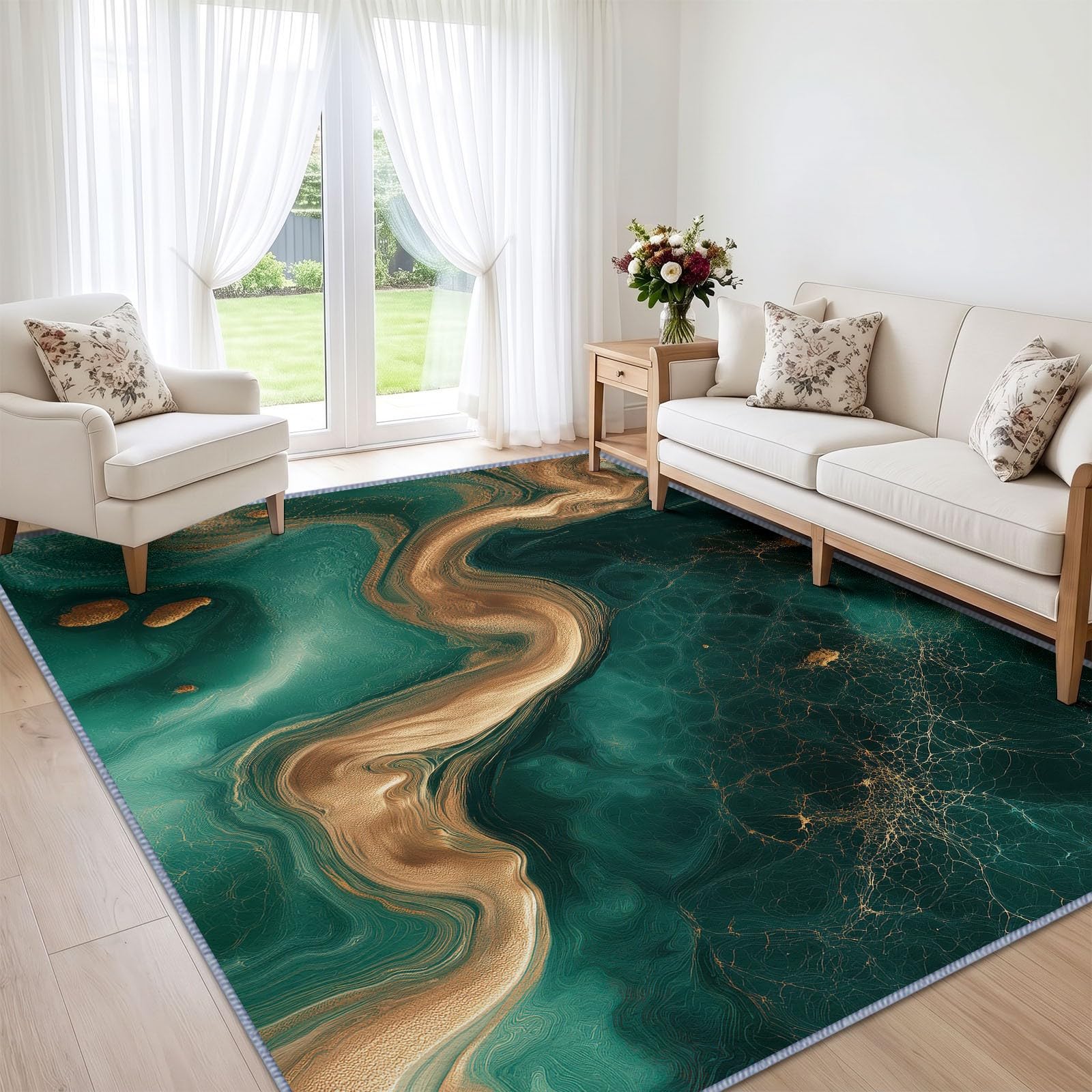 Générique Tapis Moderne Abstrait Fluide Doux Antidérapant 160 x 230 cm, Décoratif Poils Courts Vert et Or Marbre Vortex Élément Facile d'entretien pour Chambre Salon Salle à Manger