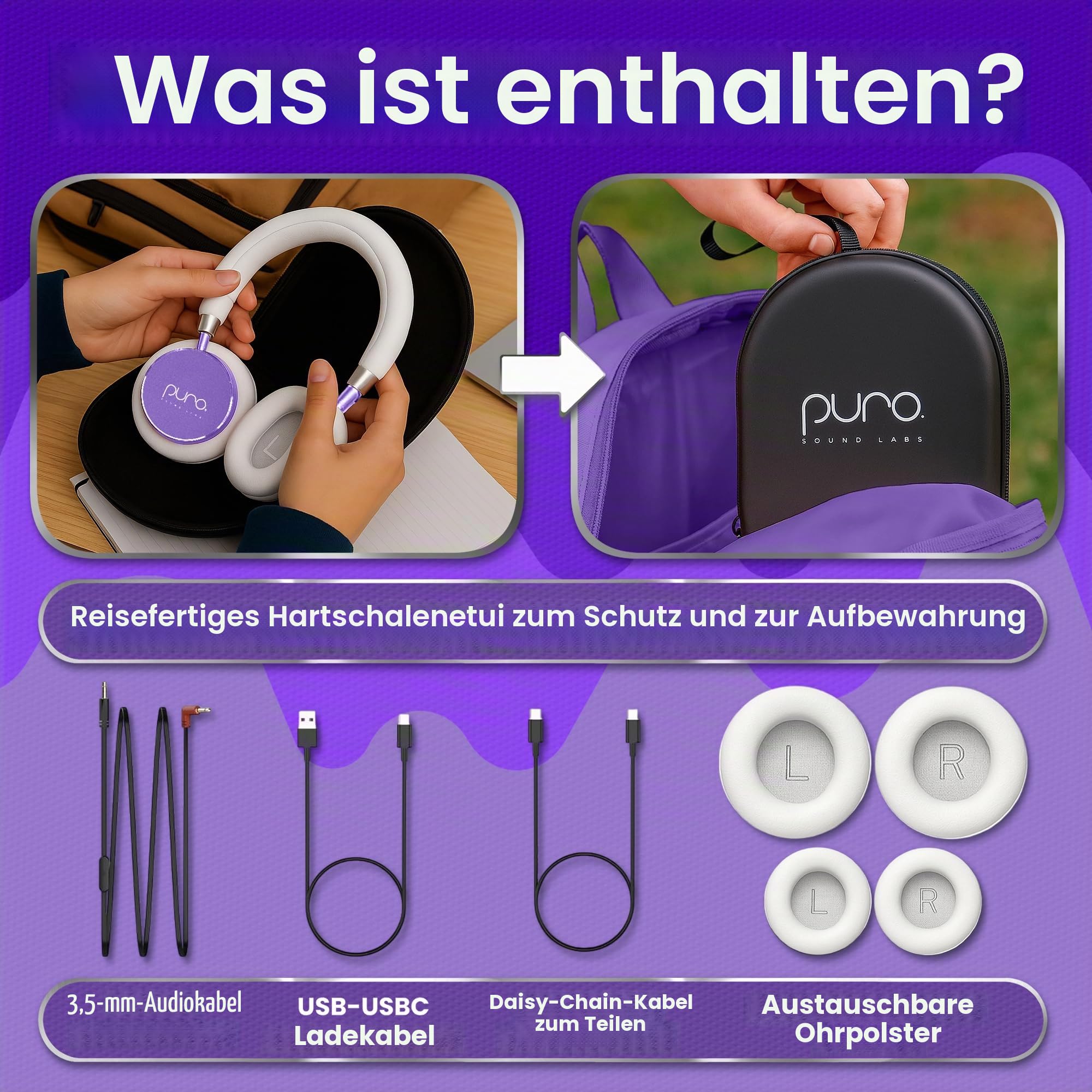 Puro Sound Labs BT2200-Plus Lautstärkebegrenzende Bluetooth-Kopfhörer für Kinder - Sicherere Kopfhörer für Kinder - Studio-Qualität und Geräuschisolierung – Lila