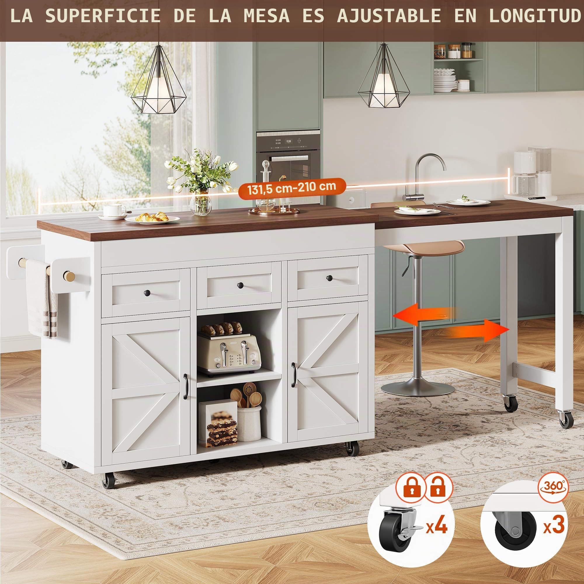 Kebnor Isla de cocina con espacio de almacenamiento, mesa de comedor extensible mesa de bar (131,5-210 cm), giratoria 360°, con cajones y armarios, superficie de trabajo versátil para cocina, comedor