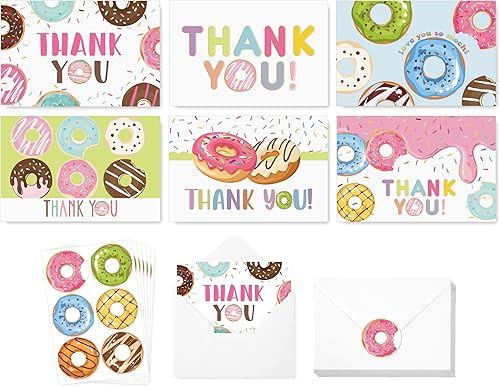 AnyDesign Paquete de 36 tarjetas de agradecimiento de dona con calcomanías de sello a juego sobre surtidos de dibujos animados donas de felicitación