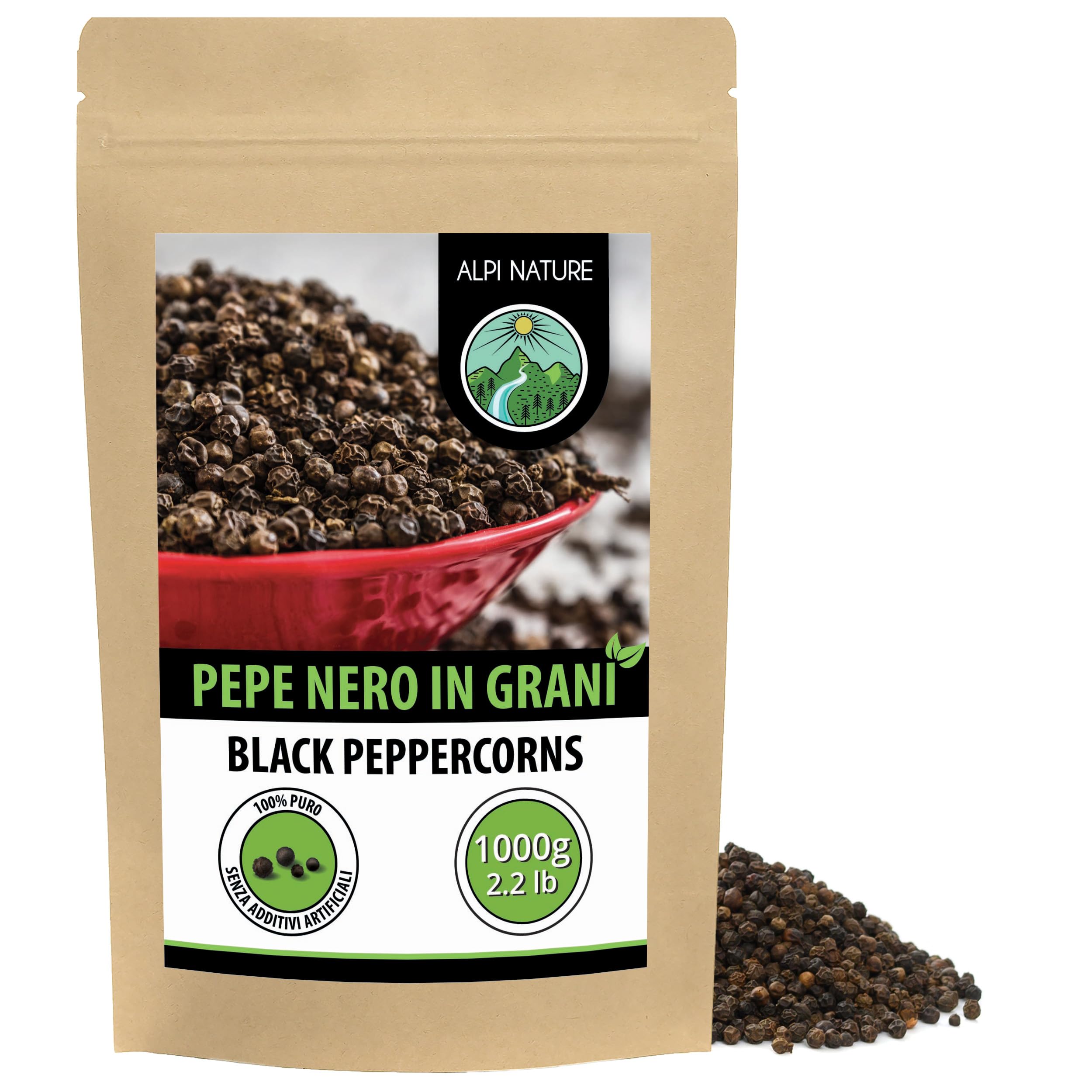 Alpi Nature Pepe Nero 1kg, Grani di Pepe Nero Interi per Cucina e Miscele di Spezie