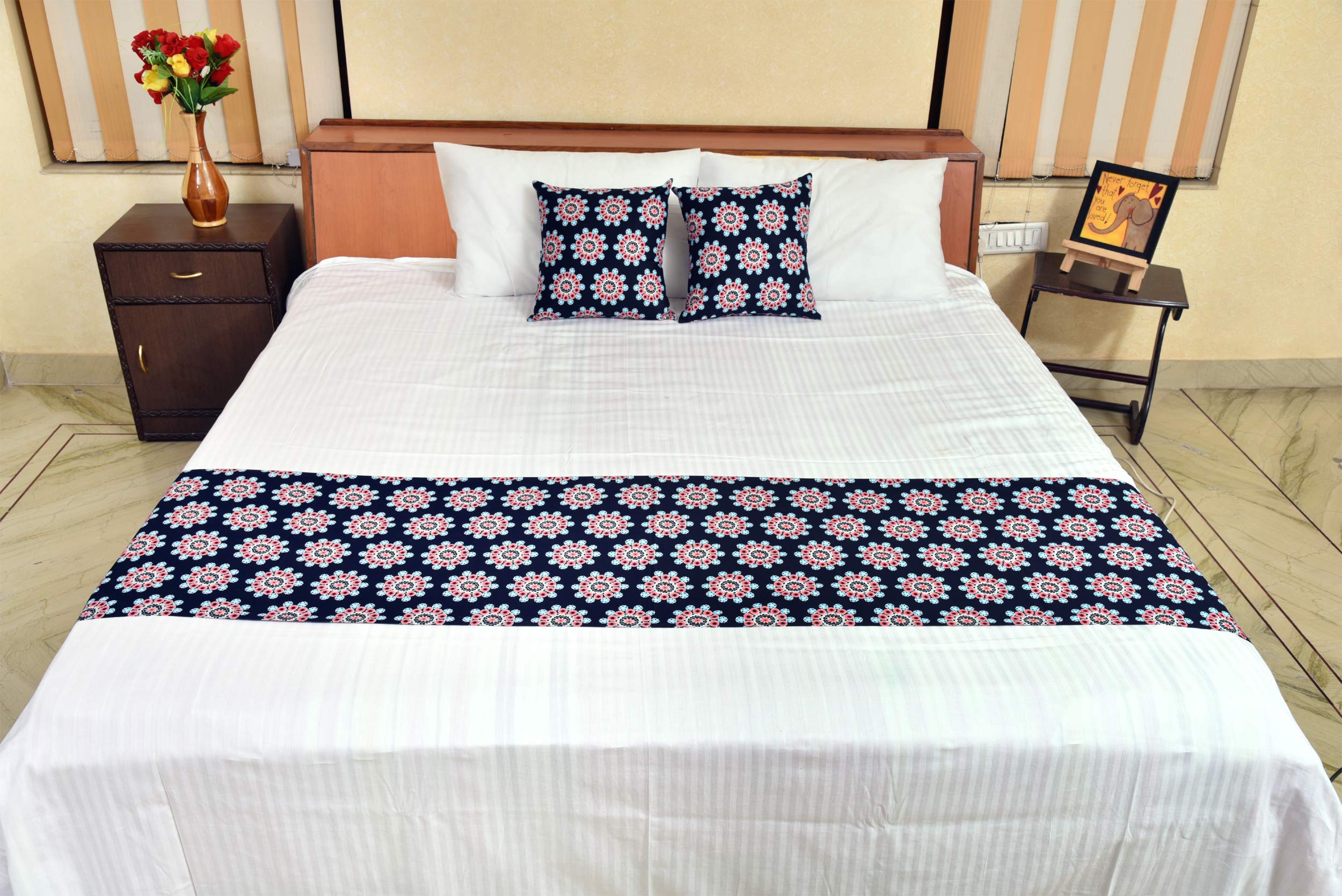 Tolexo Branded Cotton Twill Mill Dyed Bed Runner with 2 Cushion Covers- Navy Blue (90 x 18 inchs) Multi Purpose Runner-image-33