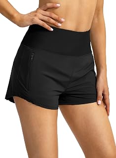 Women's High Waisted Swim Board Shorts with Zipper Pockets UPF50+ Quick Dry Beach Shorts for Women with Liner