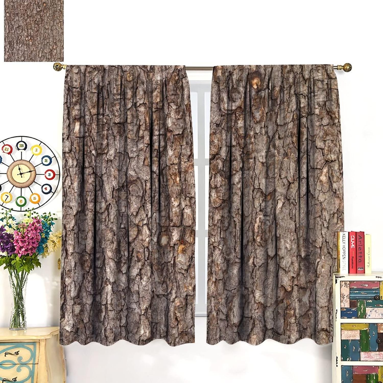 Brown Tree Bark Bathroom Blackout Curtains,Retro Rustic Country Old Trunk Wood Style Window Door Curtains for Bedroom Kitchen Living Room Home Decor W42xL45in