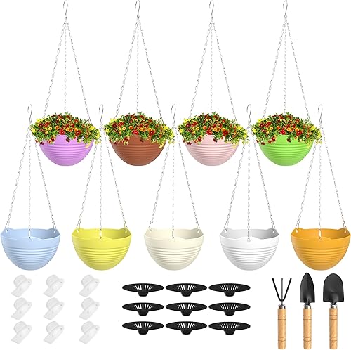 Macetas colgantes, juego de 9 macetas colgantes coloridas, macetas colgantes de 8 pulgadas, cestas colgantes con tapones de drenaje, barrera de agua