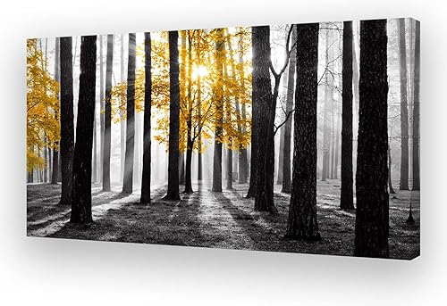 Cao Gen Decor Art S06375 - Cuadro en lienzo para pared, diseño de árbol amarillo en blanco y negro, bosque con niebla, enmarcado y estirado, listo