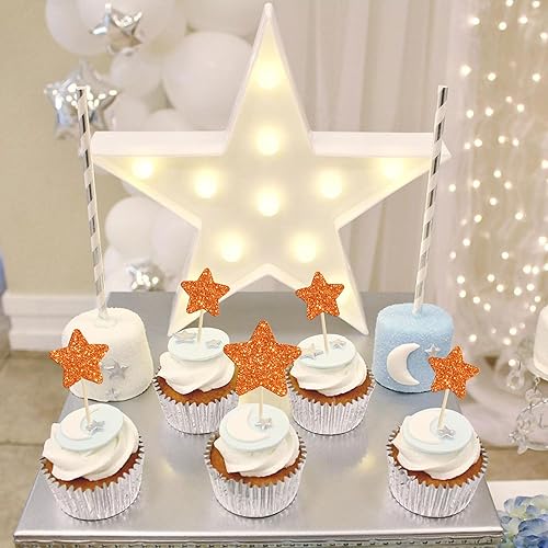 Miniatura 7 de Gyufise 42 piezas de tamaño mixto para cupcakes con purpurina naranja brillante estrella para cupcakes, boda, compromiso, despedida de soltera, baby
