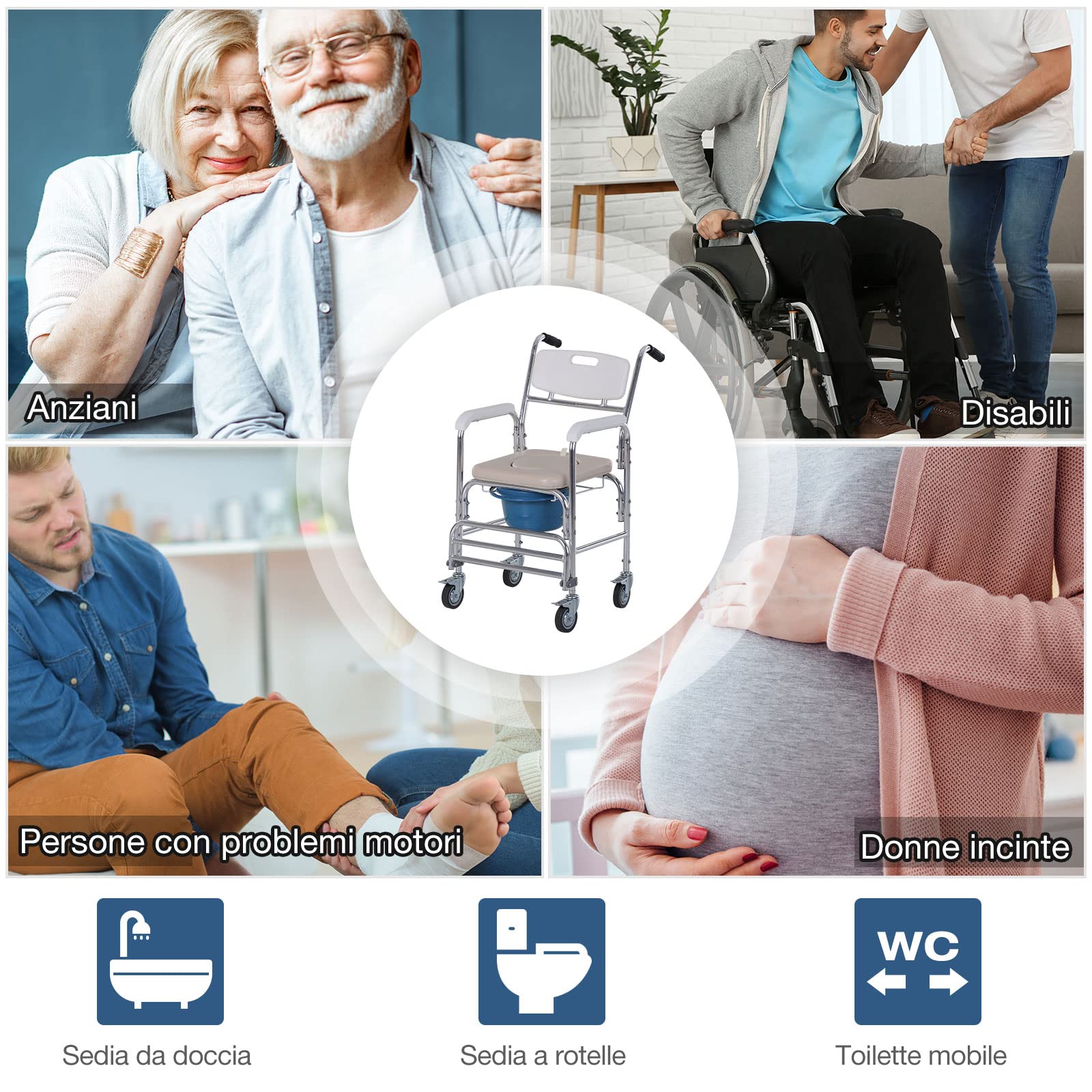 HOMCOM Sedia a Rotelle Impermeabile con WC Seduta in Finta Pelle, 4 Ruote, Vaso Rimovibile per Anziani/Disabili, 84x54x96cm