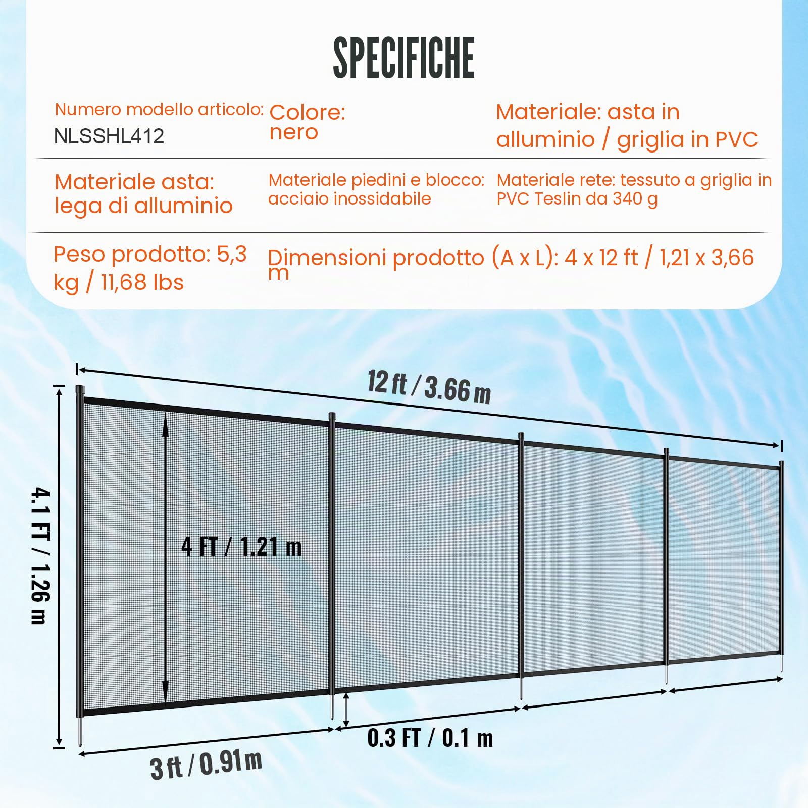 VEVOR Recinzione per Piscina, Recinzione per Piscina, Recinzione per Piscina di Sicurezza per Bambini Rimovibile, Recinzione per Piscina in PVC Teslin da 340 g Protegge Animali Domestici