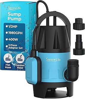 SereneLife 400W Submersible Pump Clean Dirty Water Powerful Utility Sump Pump Auto Float Switch,16 ft. Cord, Basement, Yard, Swimming Pool, Pond, Flooded Area, Garden or Flat Hose