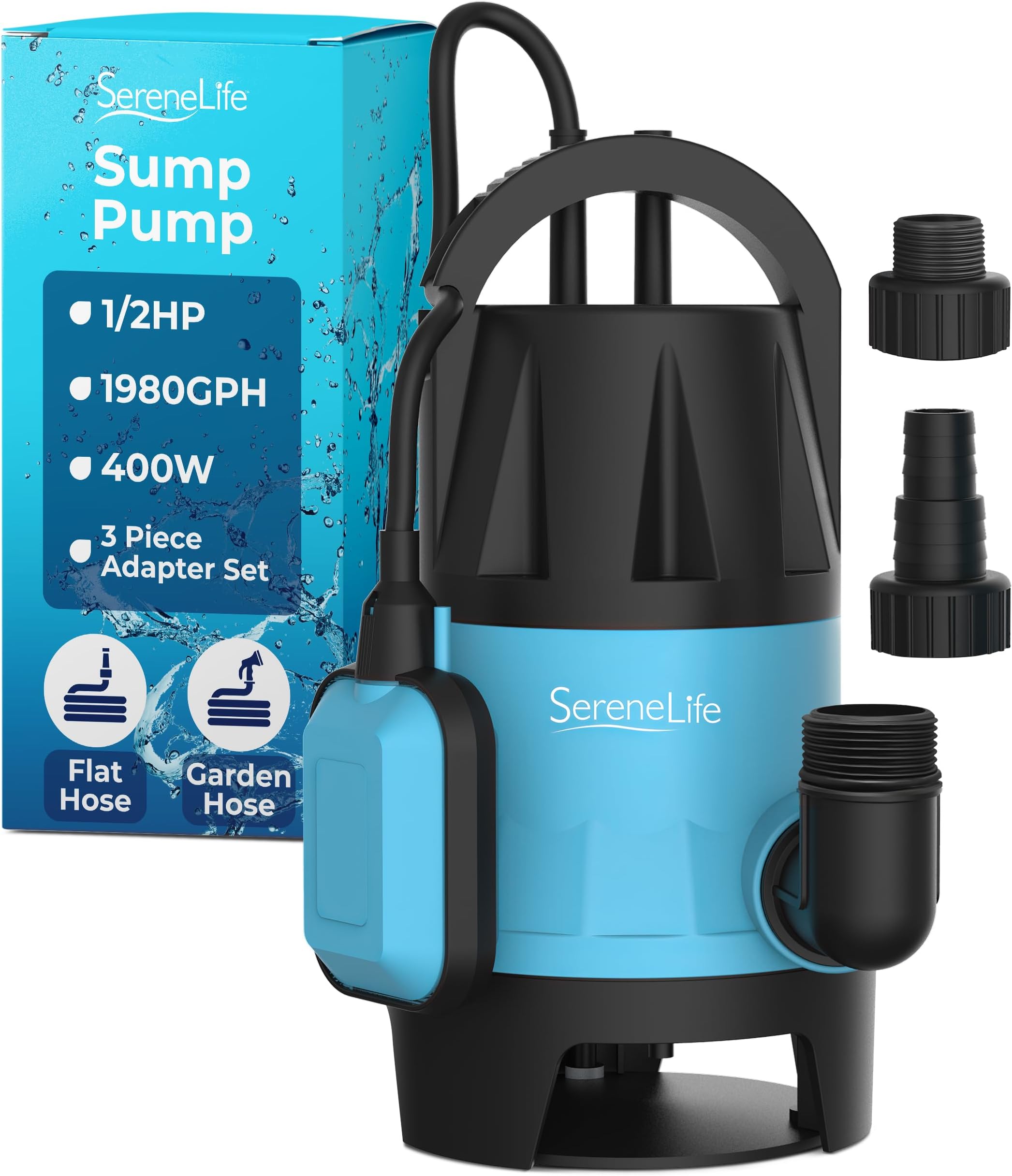 400W Submersible Pump Clean Dirty Water Powerful Utility Sump Pump Auto Float Switch,16 ft. Cord, Basement, Yard, Swimming Pool, Pond, Flooded Area, Garden or Flat Hose
