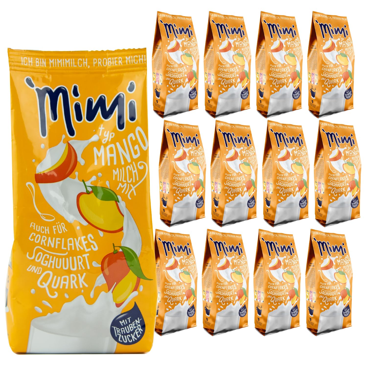 Mimi Milk Mix Mango Bebida Polvo 12 x 400 g Mezcla de leche - Paquete de almacenamiento - Polvo de bebida soluble en leche con sabor a mango - Soluble en frío y caliente - Ideal para ocio, camping,
