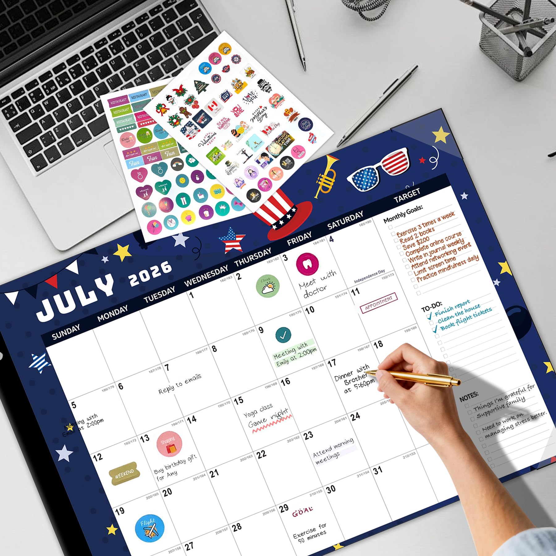 Schreibtischkalender 2026–2027, monatlich, Schreibtischunterlage, 18 Monate von Januar 2026 bis Juni 2027, extra groß, 55,9 x 43,2 cm, Terminplaner, bunte saisonale Designs, inklusive Aufklebern