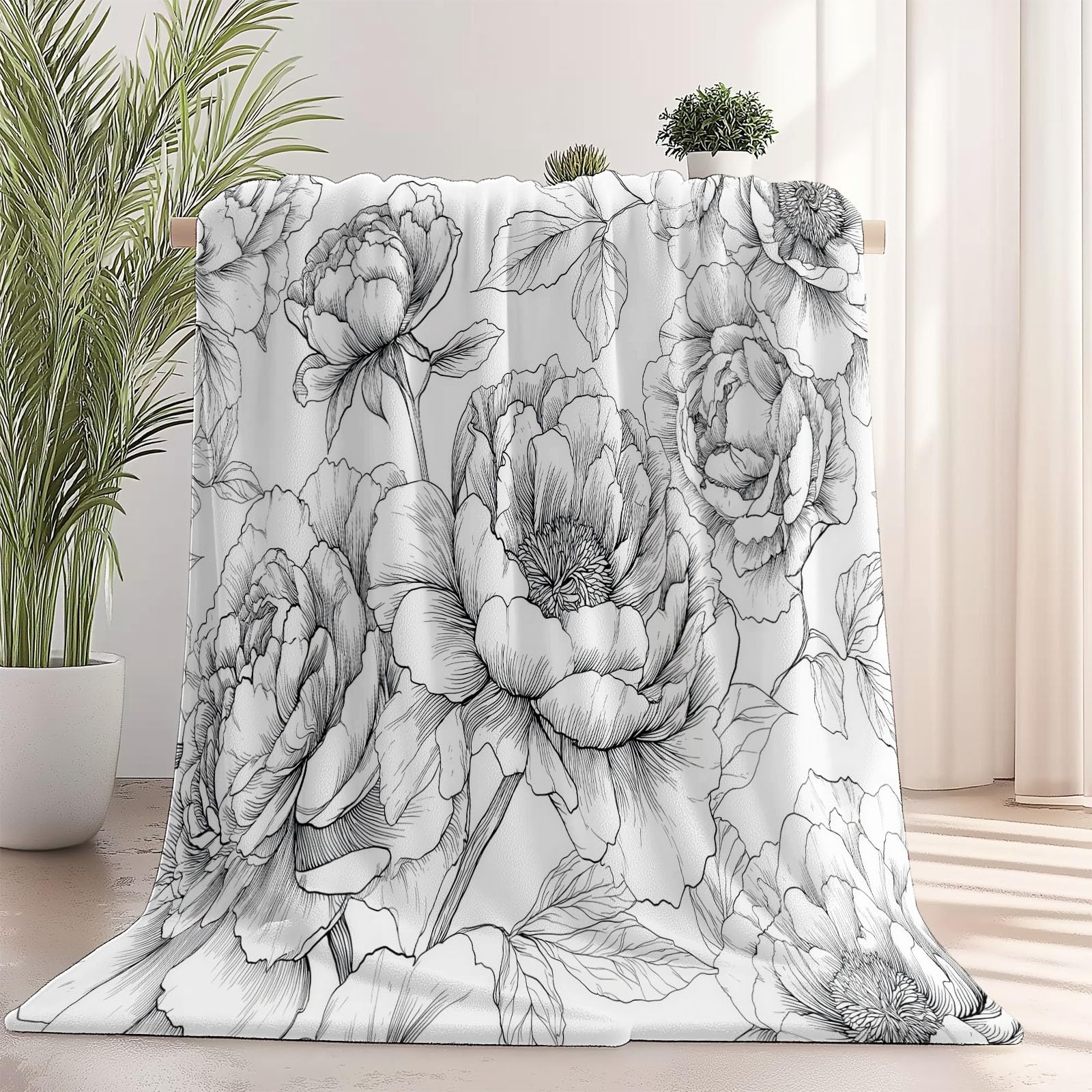 Couverture polaire grise 220x240 cm grand plaid flanelle motif pivoine pour lit et canapé de salon