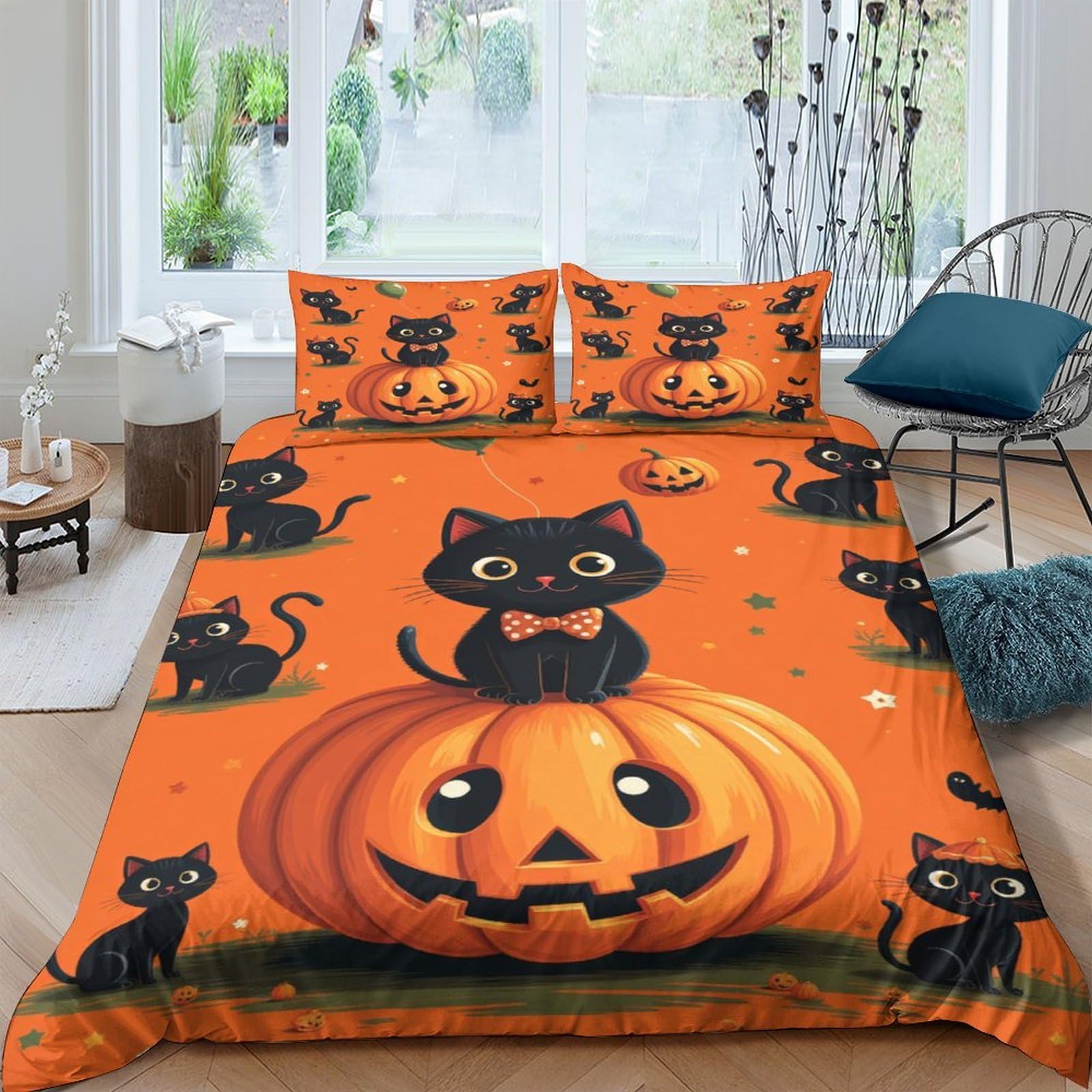 Ctjqhvkz Style-3 3D Printed Halloween Pumpkin Cat Fitted Sheet Microfiber Soft Orange Bed Cover Bedroom Guest Room Dorm Decor Single（135X200cm）