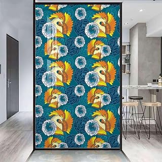 Green Yellow Privacy Window Film Frosted Heat Control Protection Abstract Avian Tropical Image Frosted Tint Glass Film Privacy Self-Adhesive Cartoon Style 23.6Wx47.2L-inch