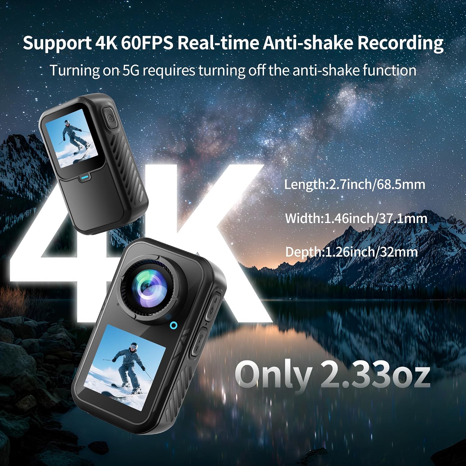 4K Mini Action Camera, EIS Stabilization, 130° Wide Angle, Dual Touchscreen, Pre-Record, Waterproof for Vlogging, Outdoor Adventures(Black,64GB)