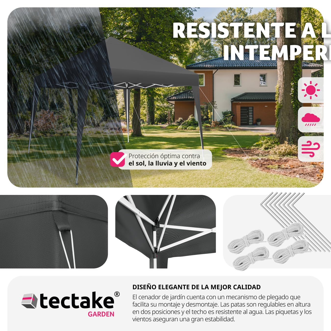 tectake® Carpa Plegable, Estructura Robusta, Regulable, Cenador, Pergolas de Jardin, Toldo Camping, Playa, Exterior, Carpas Repelentes al Agua, Cenadores para Jardin - 3x3 m Gris