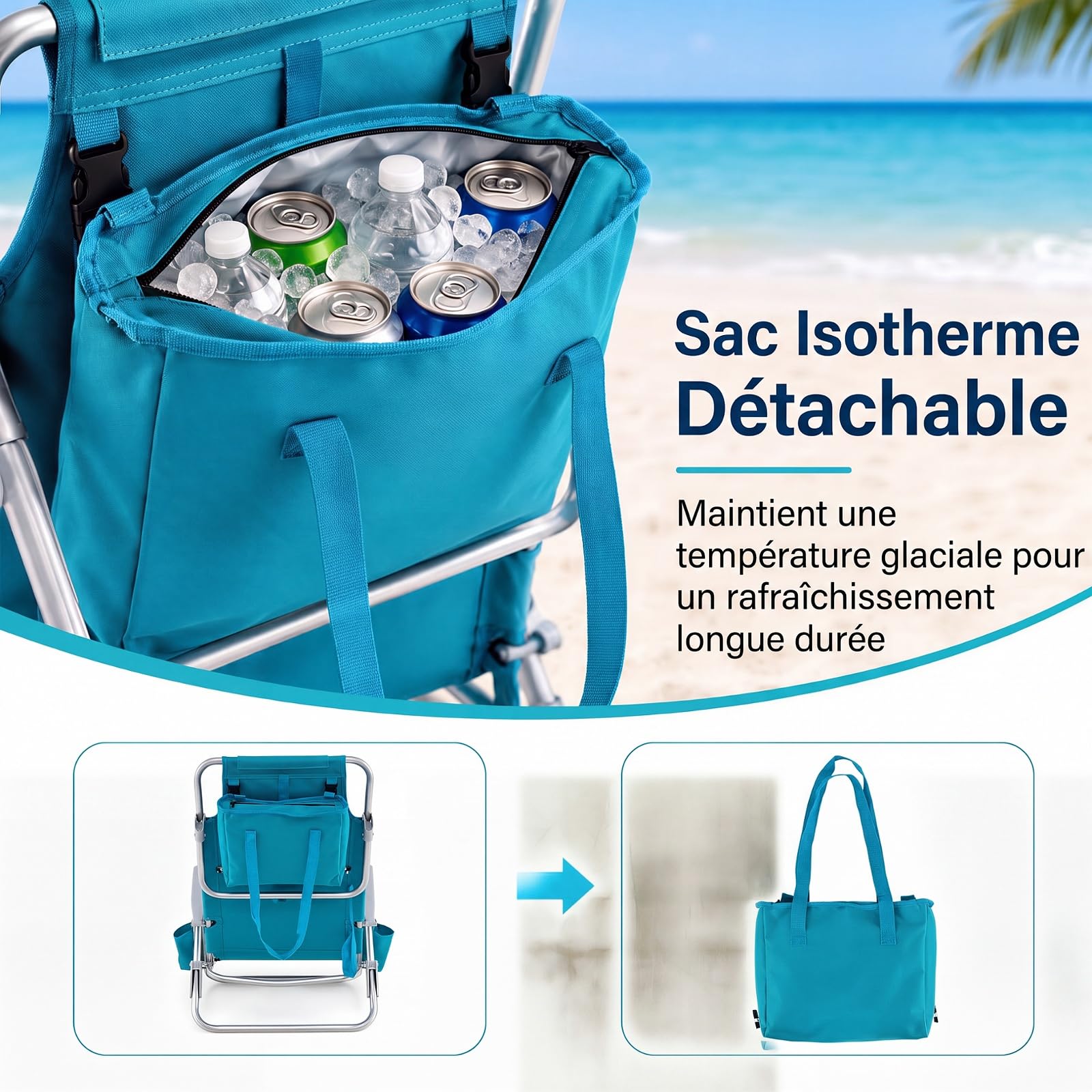 COSTWAY Lot de 2 Chaises de Plage Pliable, Dossier Réglable 7 Positions | Sac Isotherme Amovible, Chaise Longue en Aluminium, Porte-Serviette, Porte-Gobelets, Charge 150 kg, pour Camping Pêche Voyage