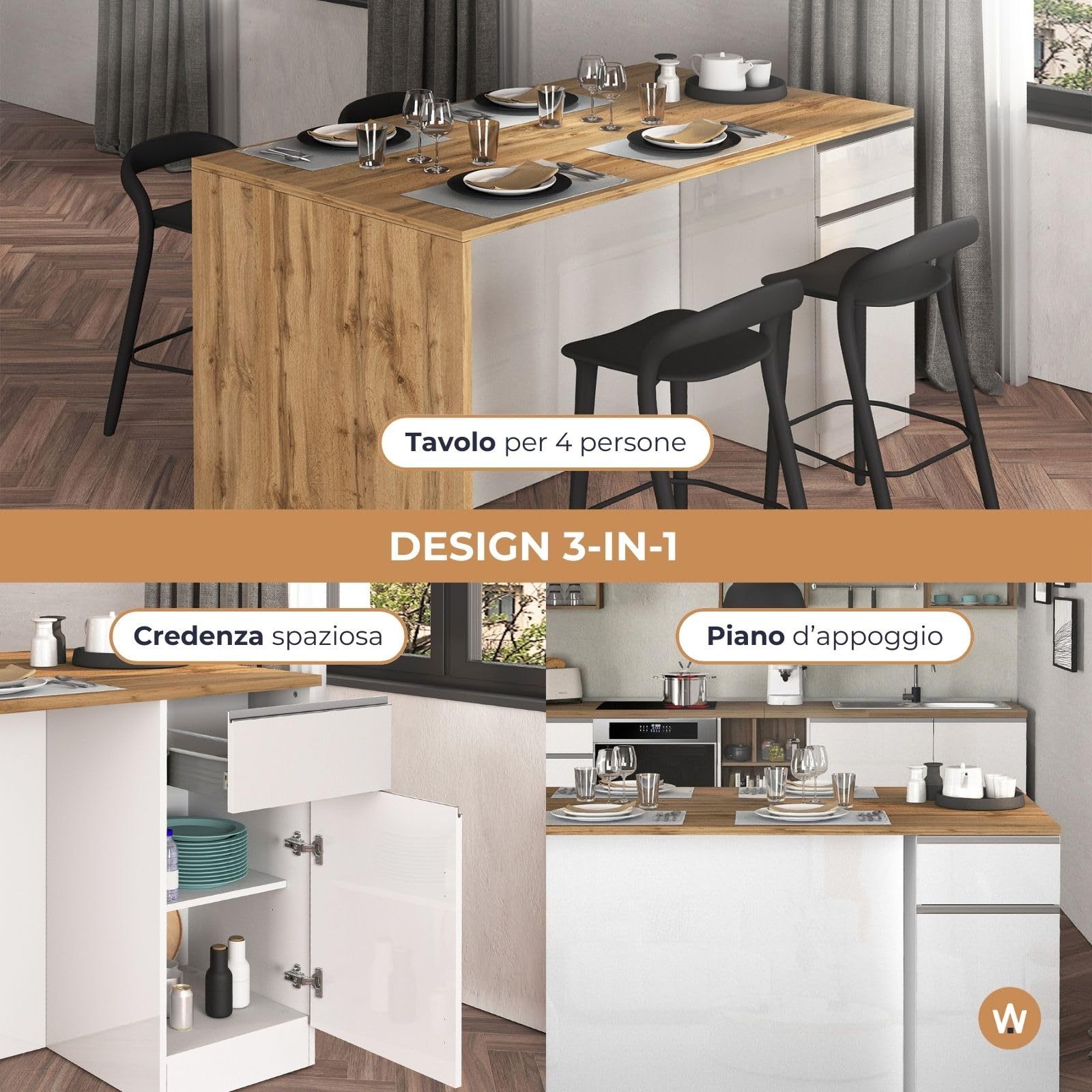 WHOUS Isola Cucina SOLE con 2 Ante e 2 Cassetti, Tavolo da Pranzo e Piano di Lavoro, Ideale per Open Space e Spazi Ridotti, 160x90x90 cm, Bianco Lucido e Rovere