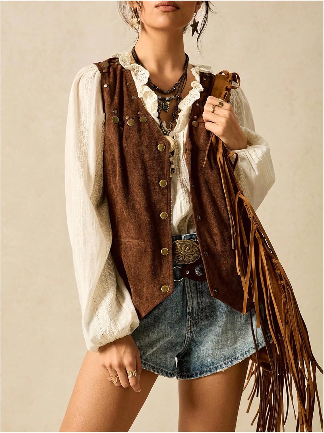 WDIRARA Women's Western Rivet Vests V Neck Button Down Sleeveless Jacket Cowgirl Waistcoat - Image 6