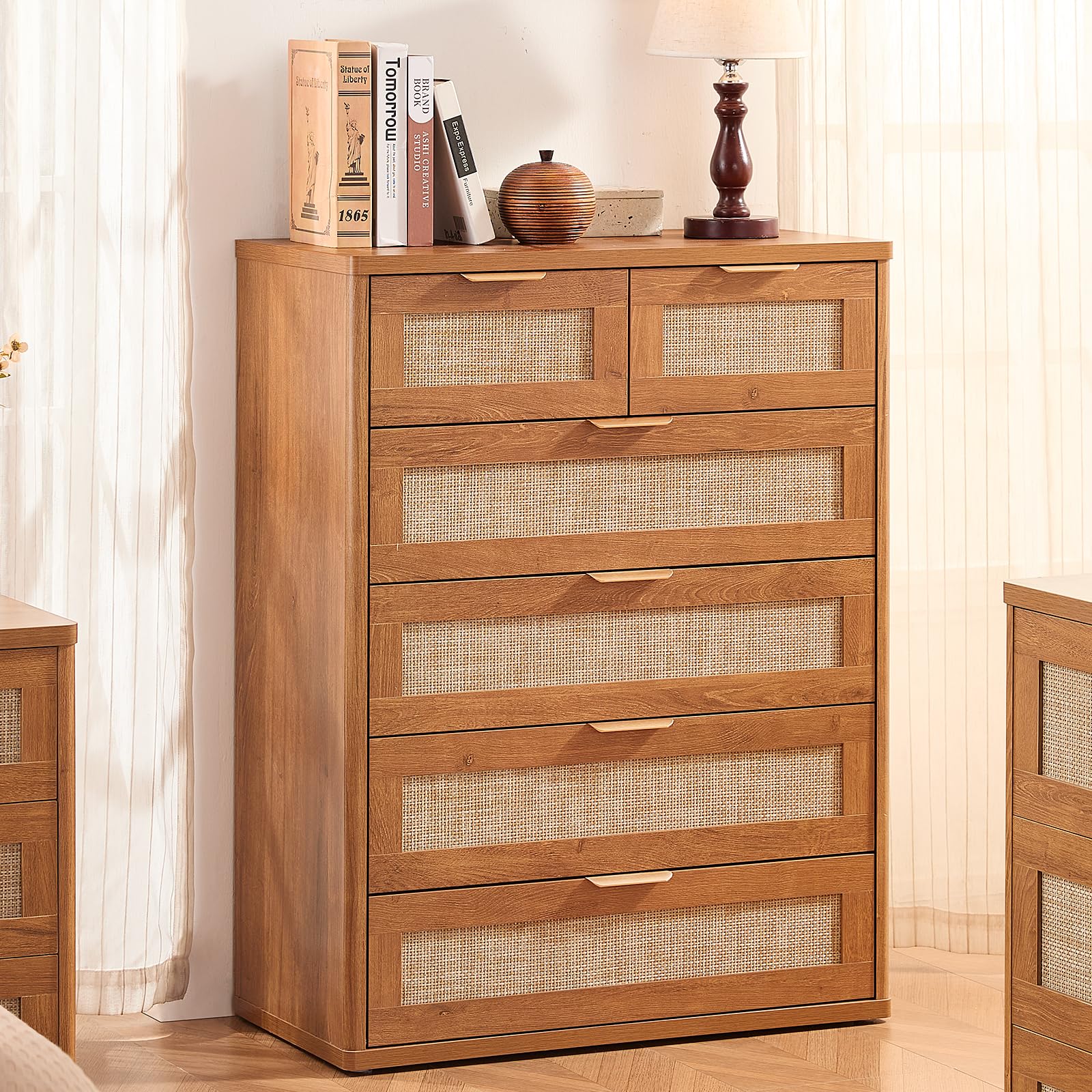 LEYAOYAO Rattan Dresser and Nightstand Set of 3, Boho Wood Dresser for Bedroom with 6 Drawers and Night Stand with Charging Station, Bedroom Furniture, Dressers & Chests of Drawers, Living Room