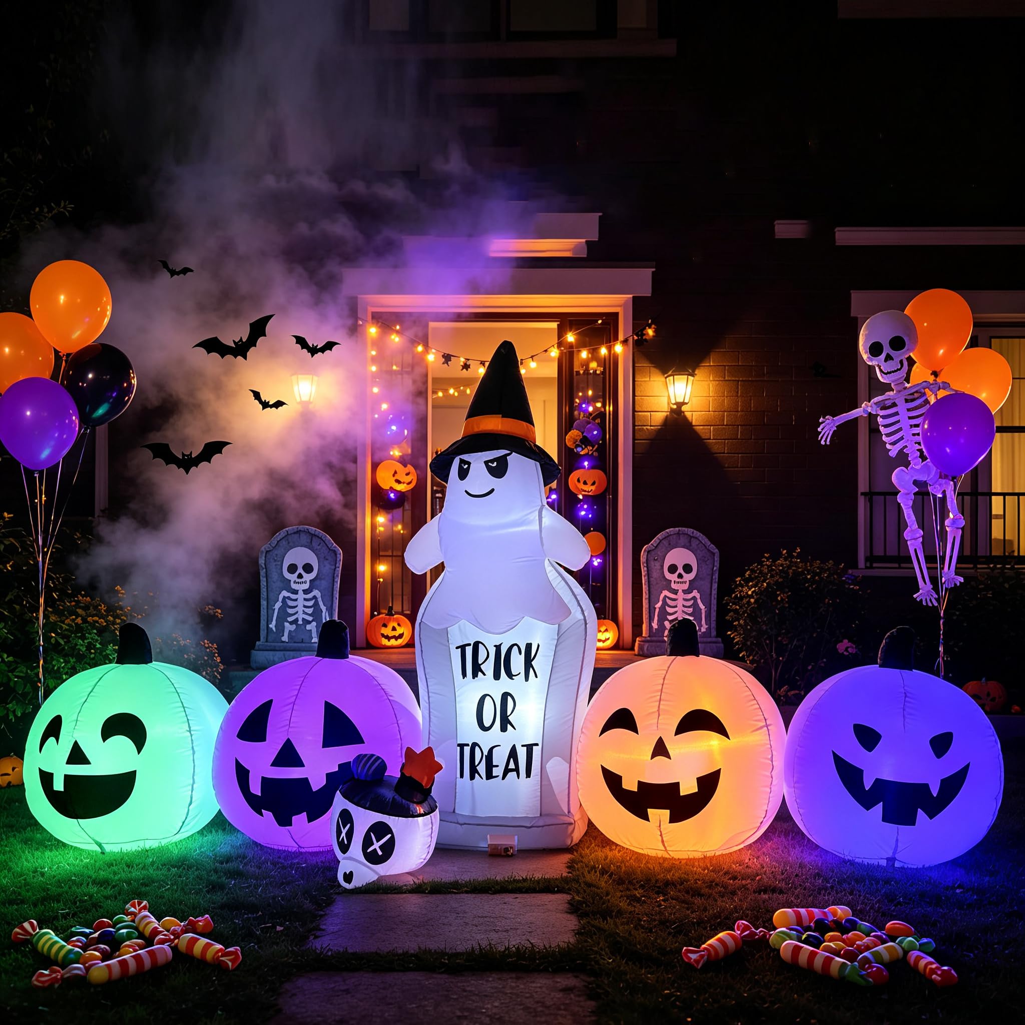 8FT Halloween Inflatable Ghost Tombstone &amp; Jack-o'-Lantern Yard Decor