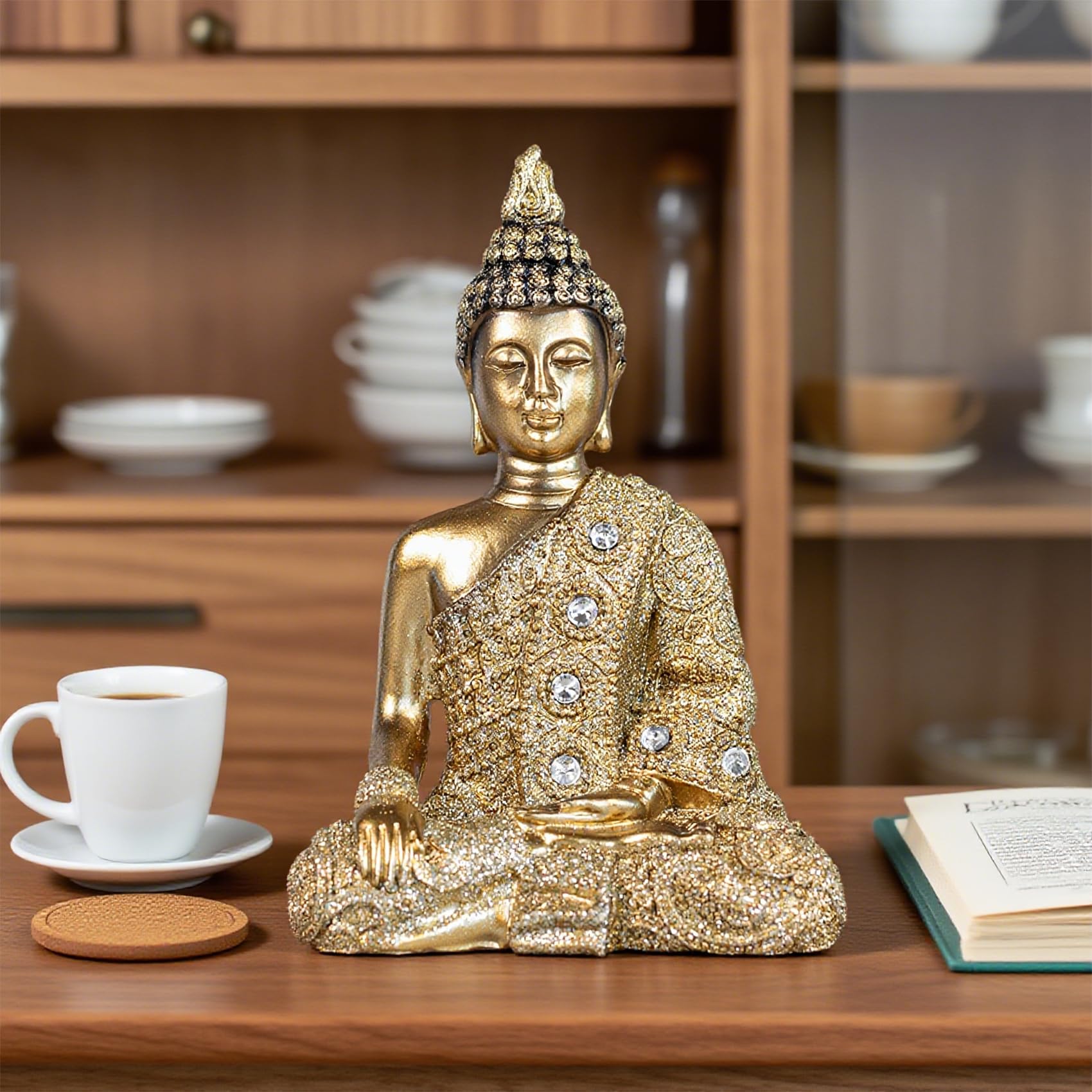 Agkzntqp Gold Decorative Buddha Statue, With Crystals, 5.5 Inch Height, Modern Art Deco Style, Meditation And Home Decor