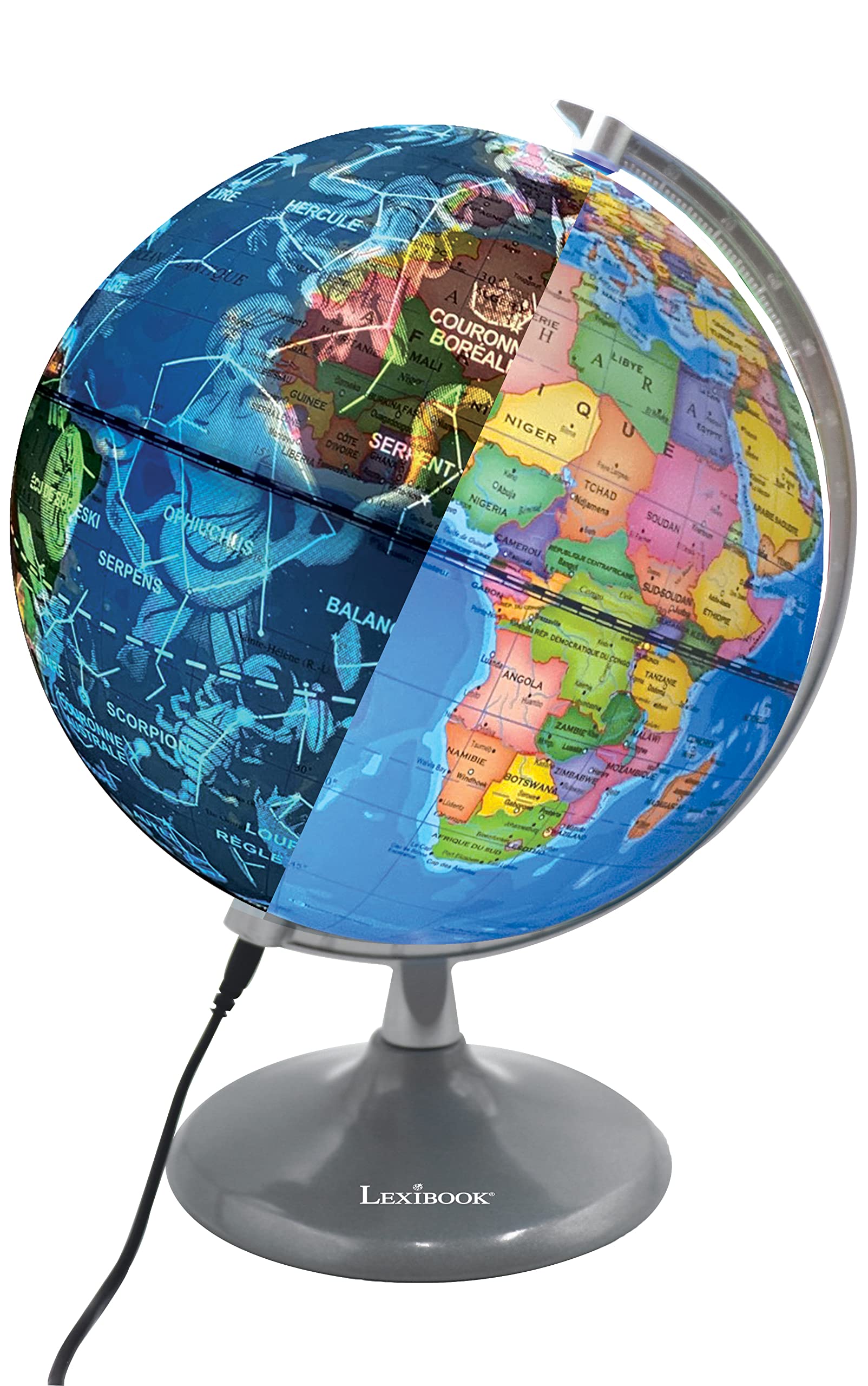 Lexibook, Globe Jour et Nuit Lumineux STEM, 2-en-1 Globe Le Jour Carte des contellations la Nuit, Bleu/Noir, NLJ185FR