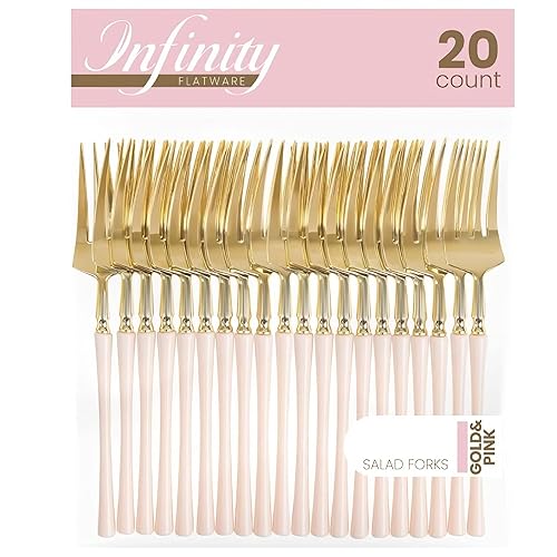 Miniatura 3 de Blue Sky Infinity Flatware - Tenedores de ensalada dorados y rosados, 20 unidades, lujosos cubiertos de plástico desechables para fiestas y eventos