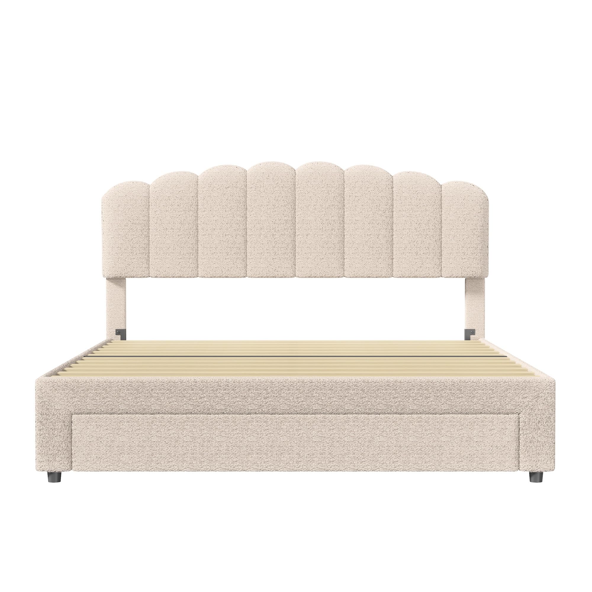 Letto imbottito 140 x 200 cm, letto matrimoniale con 1 cassetto e rete a doghe, testiera regolabile in altezza con funzione di ricarica USB-C – Letto per riporre lo schienale del letto, Teddy