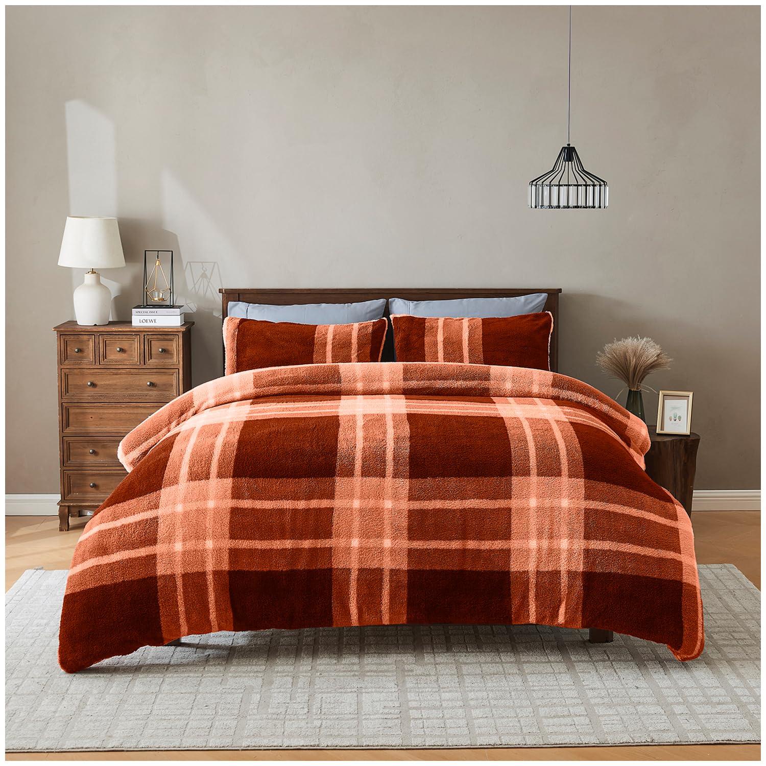 GC GAVENO CAVAILIA Fleece Bedding King Size Duvet Set - Faux Fur Teddy Duvet Cover with Pillow Cases - Warm, Soft Geometric Bedding & Linen - Breathable Fluffy Quilt Covers - (230x220), Terracotta