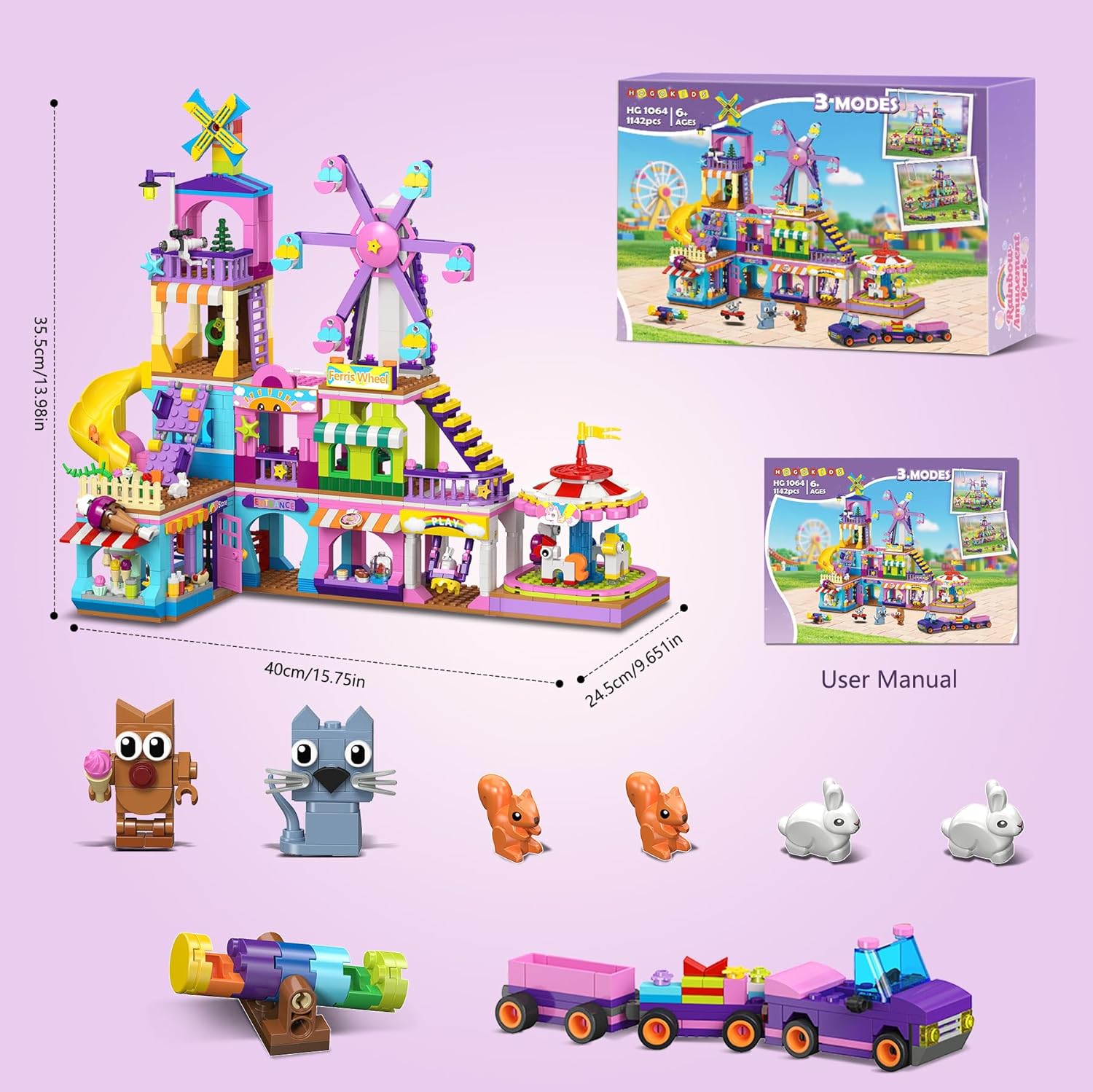 HOGOKIDS 3 Modes Girls Park Building Set - Friendship City Park Building Blocks Toy Set, Friends DIY Building Toys with Ferris Wheel, Spinning Carousel, Slide | Gifts for Girls Boys Age 8 9 10 11 12+